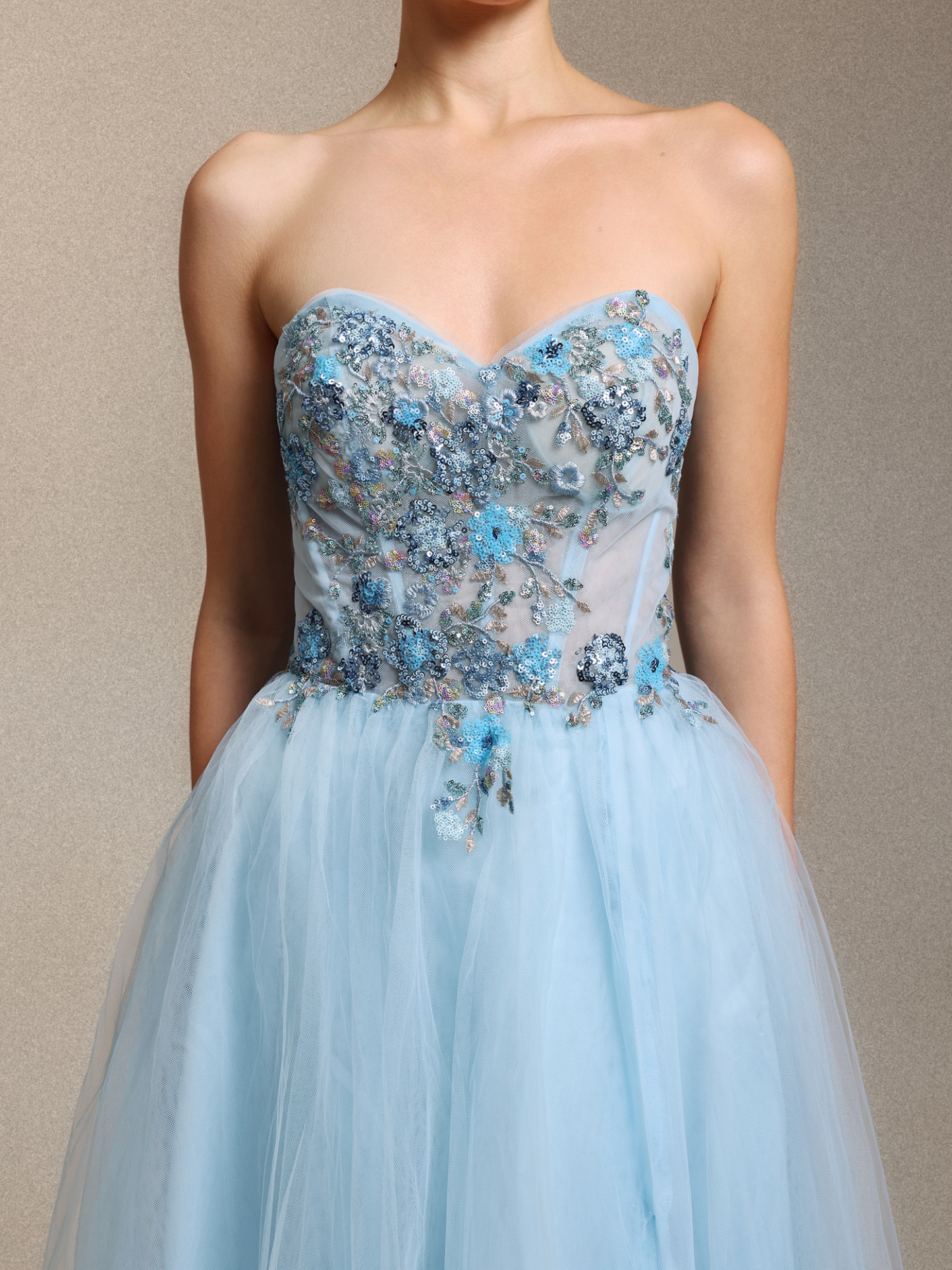 Geraldine Chic Strapless Floral Applique Side Slit Blue Tulle Maxi Dress