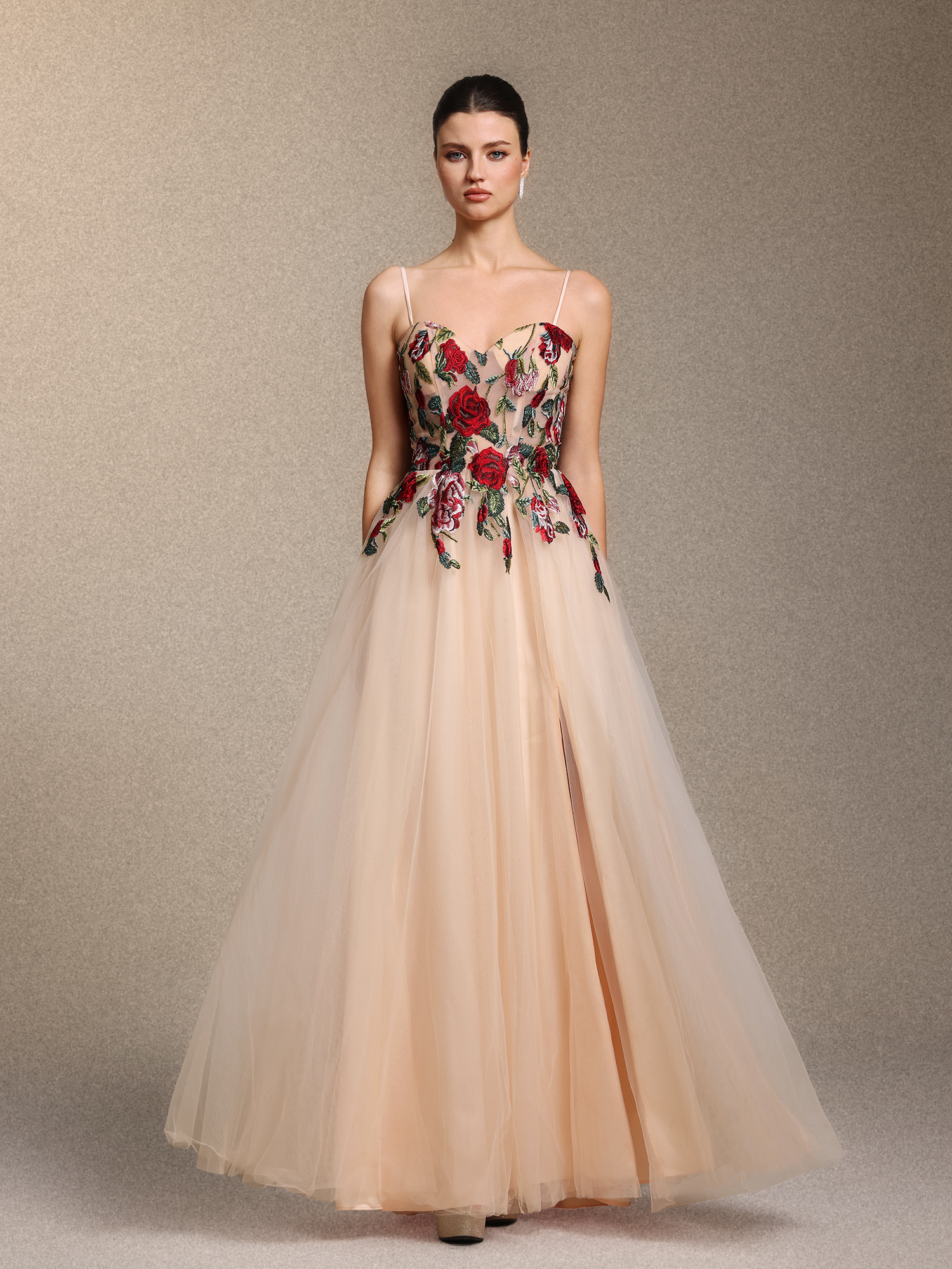 Keve Elegant Strapless Floral Applique Tulle Maxi Dress – Bellabarnett