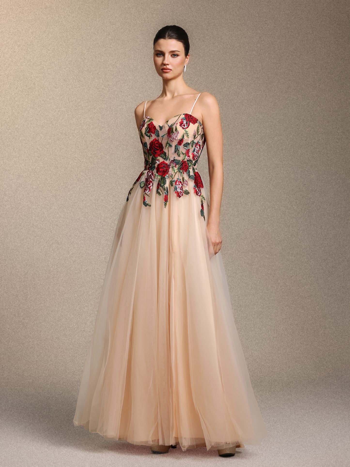 Keve Elegant Strapless Floral Applique Tulle Maxi Dress