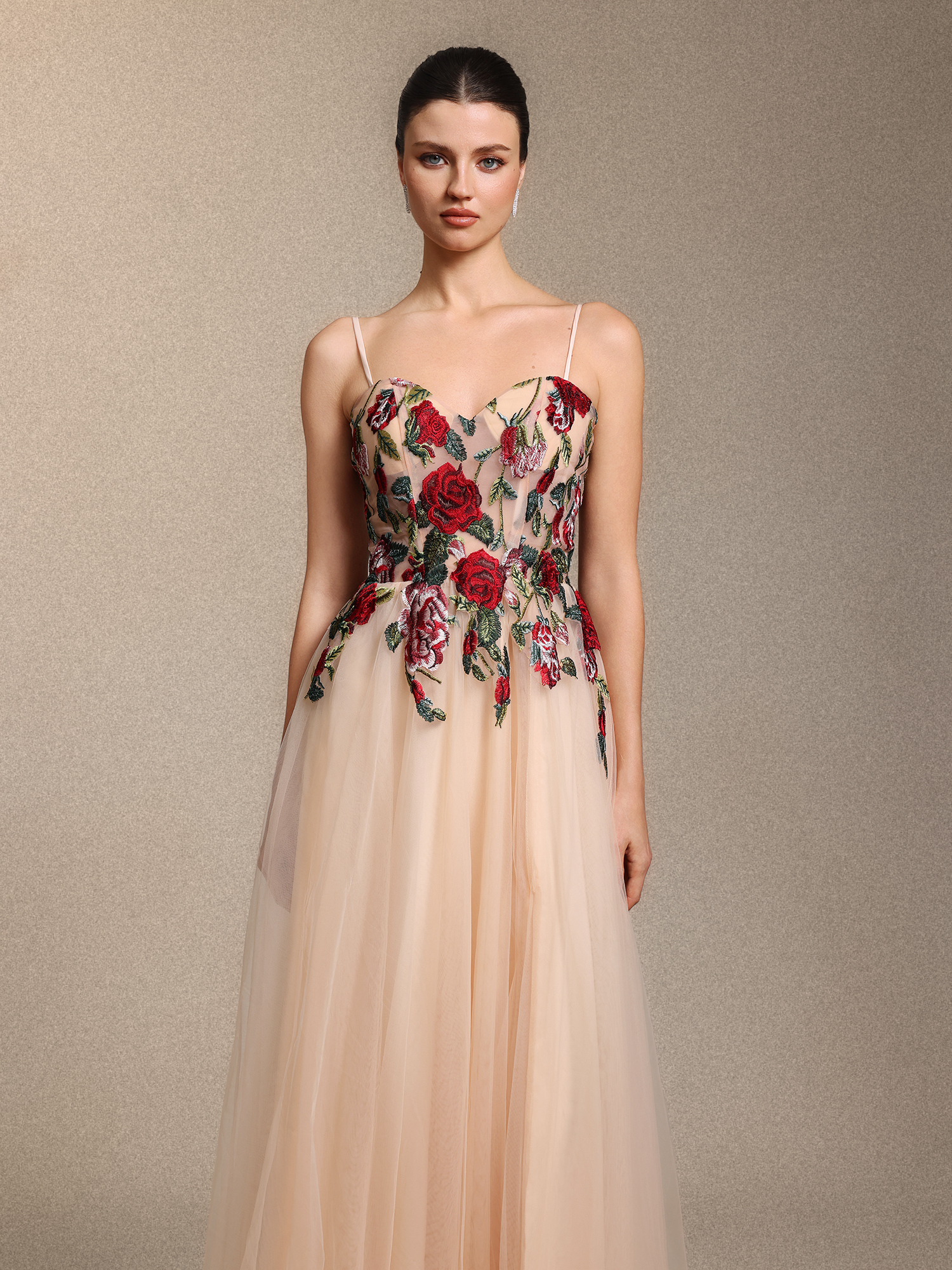 Keve Elegant Strapless Floral Applique Tulle Maxi Dress