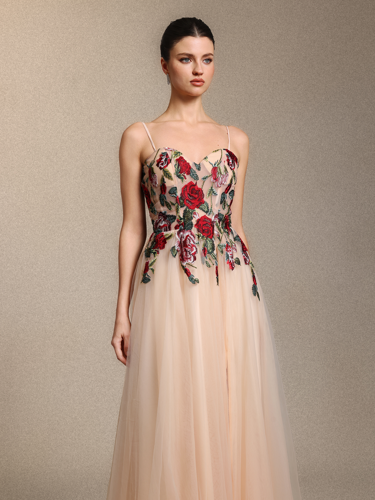 Keve Elegant Strapless Floral Applique Tulle Maxi Dress