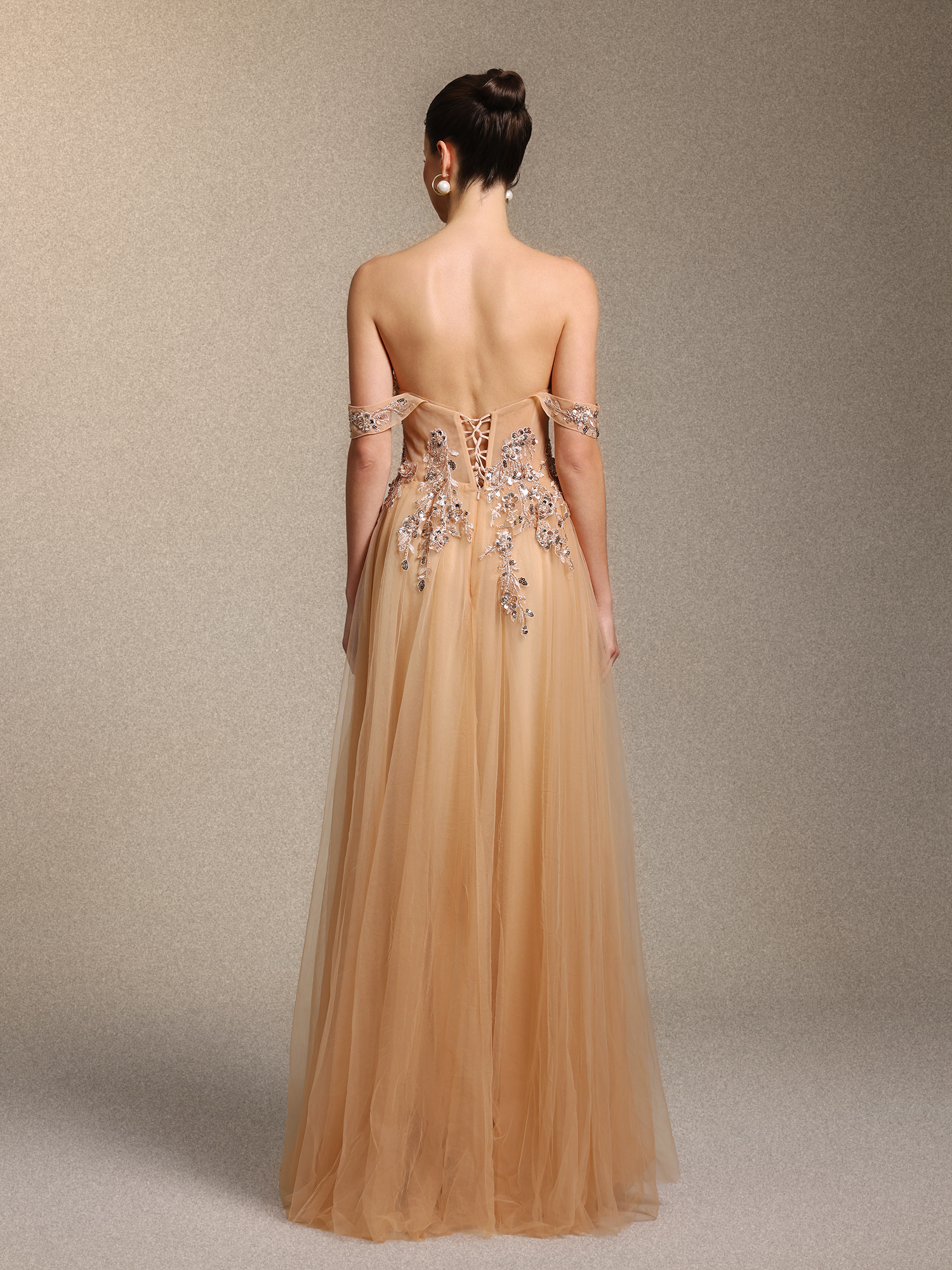 Krystal Chic Cinched Waist Off Shoulder Sequin Floral Applique Tulle Maxi Dress