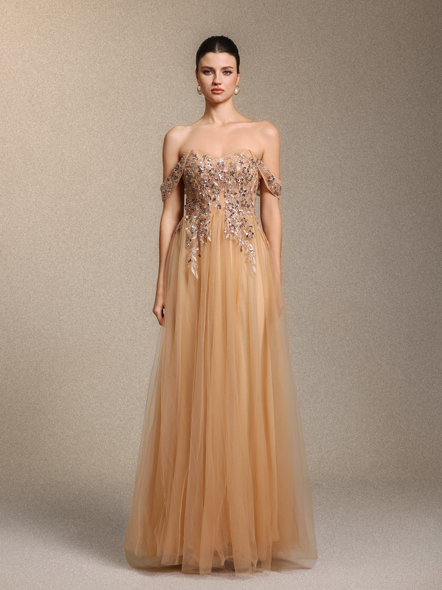 Krystal Chic Cinched Waist Off Shoulder Sequin Floral Applique Tulle Maxi Dress