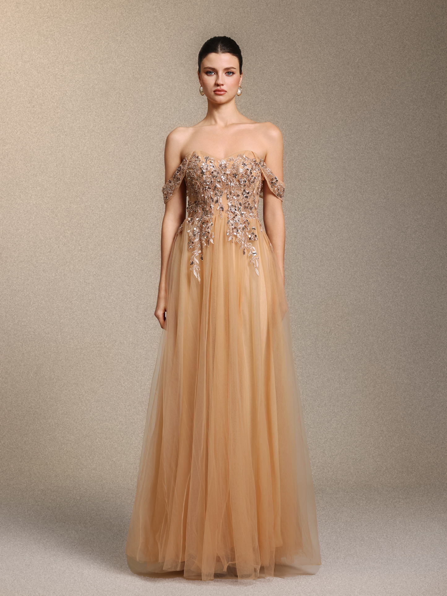 Krystal Chic Cinched Waist Off Shoulder Sequin Floral Applique Tulle Maxi Dress