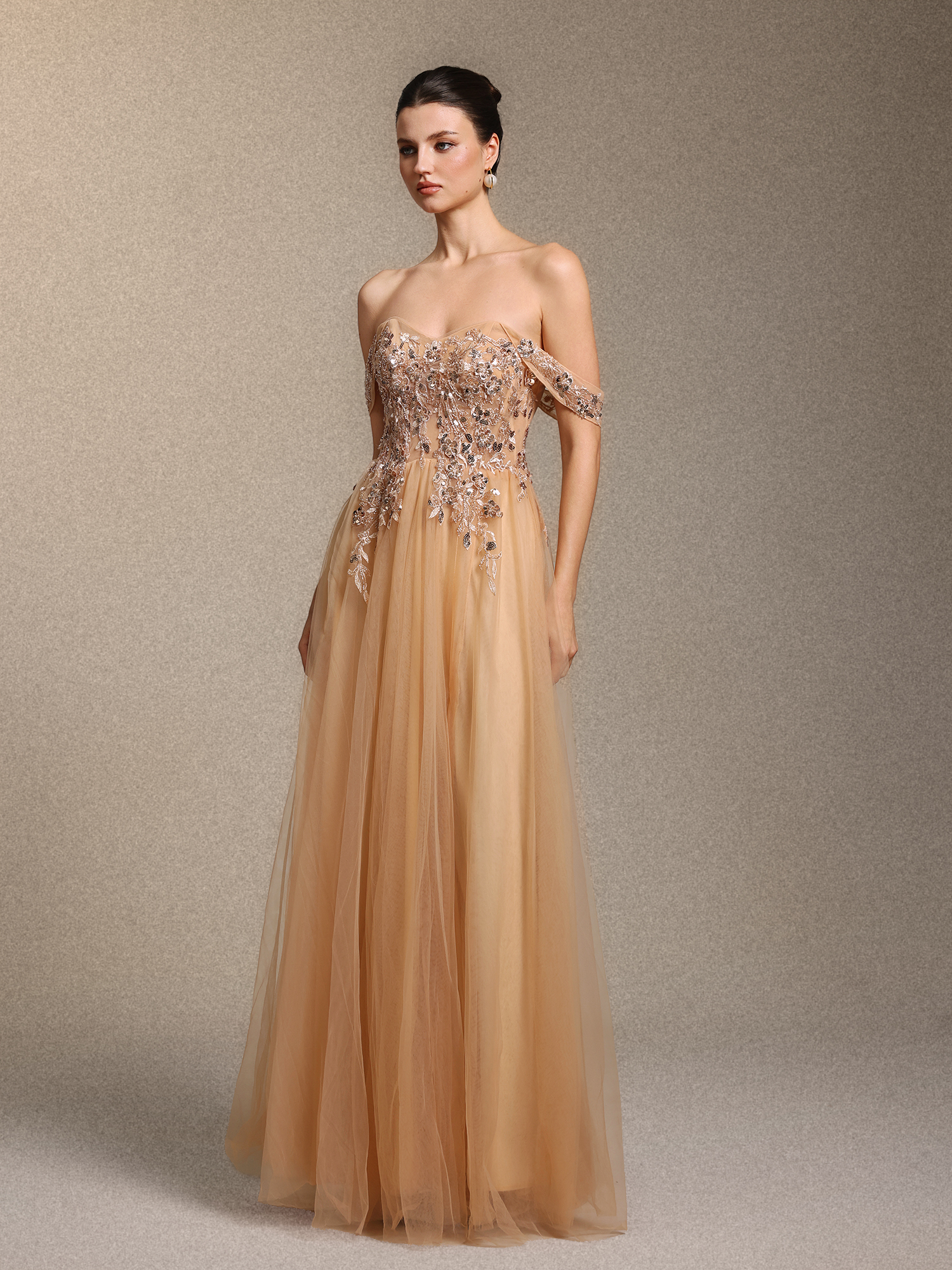 Krystal Chic Cinched Waist Off Shoulder Sequin Floral Applique Tulle Maxi Dress