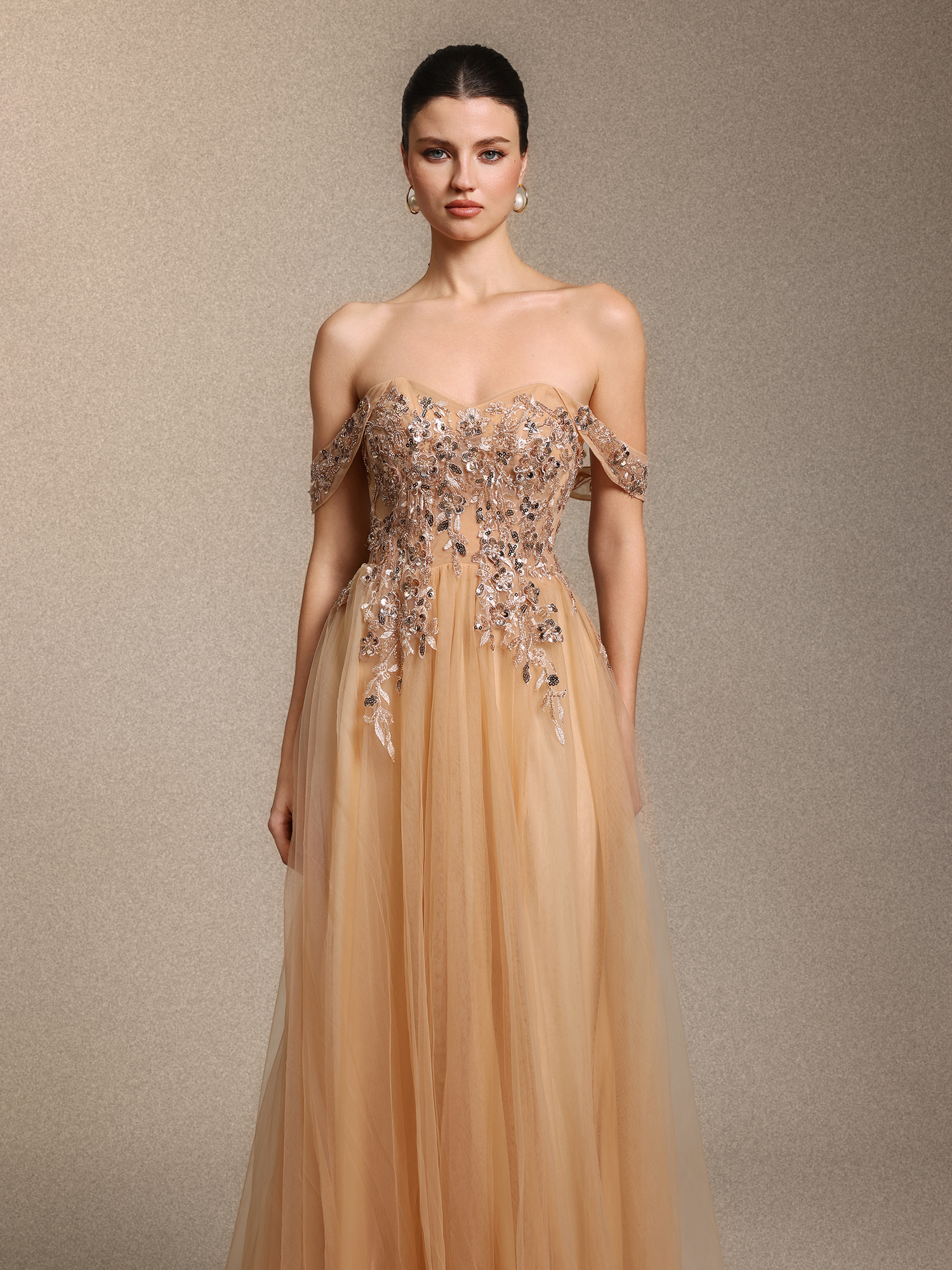 Krystal Chic Cinched Waist Off Shoulder Sequin Floral Applique Tulle Maxi Dress