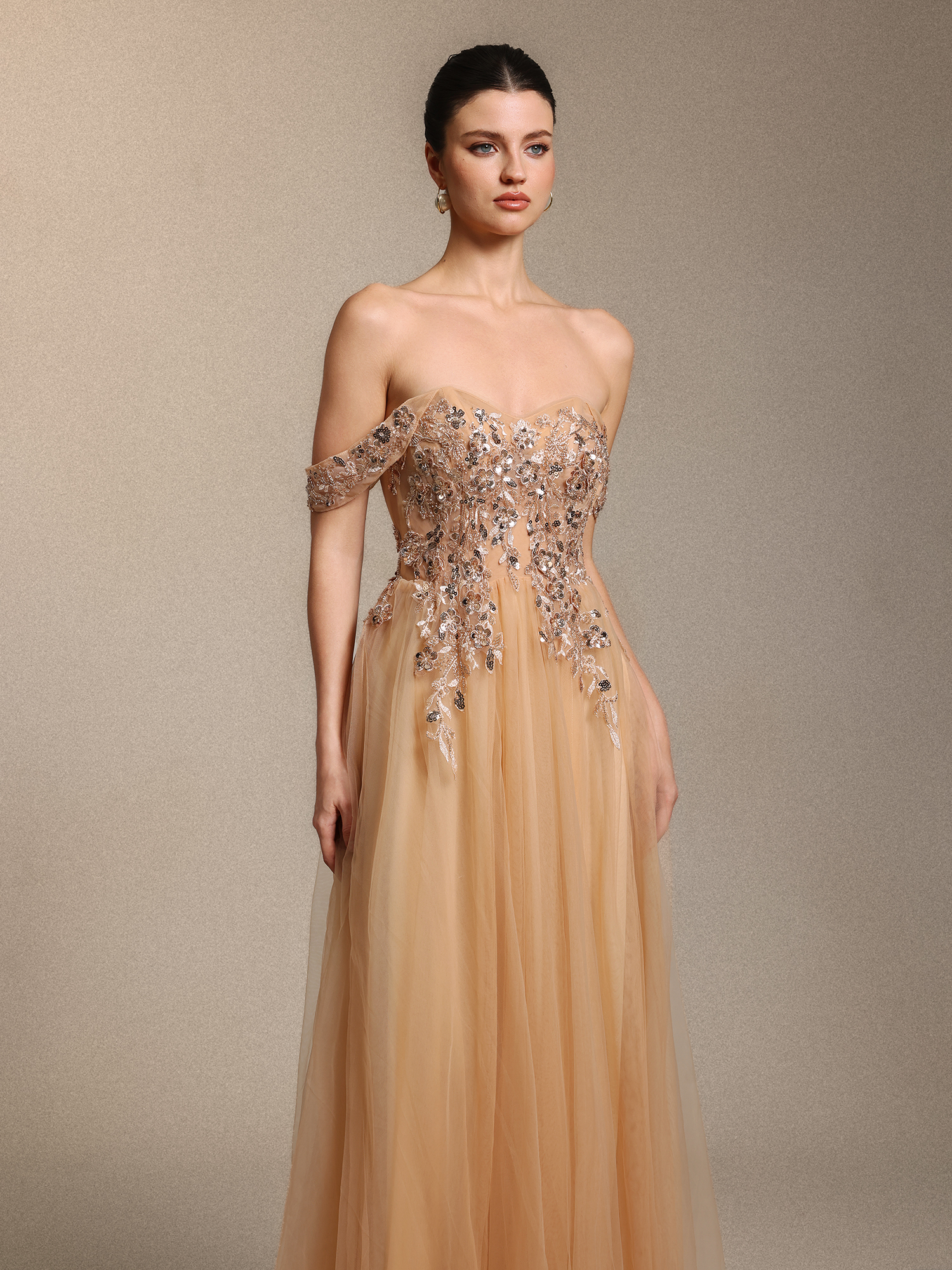 Krystal Chic Cinched Waist Off Shoulder Sequin Floral Applique Tulle Maxi Dress