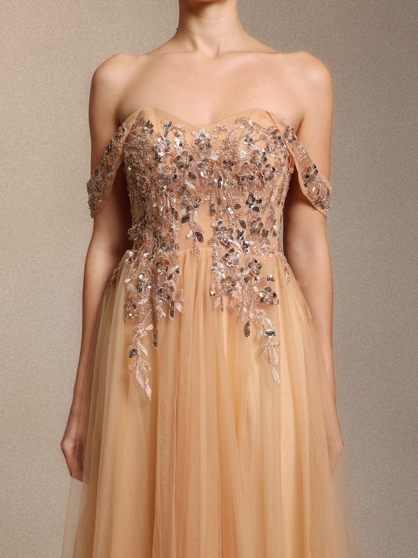 Krystal Chic Cinched Waist Off Shoulder Sequin Floral Applique Tulle Maxi Dress