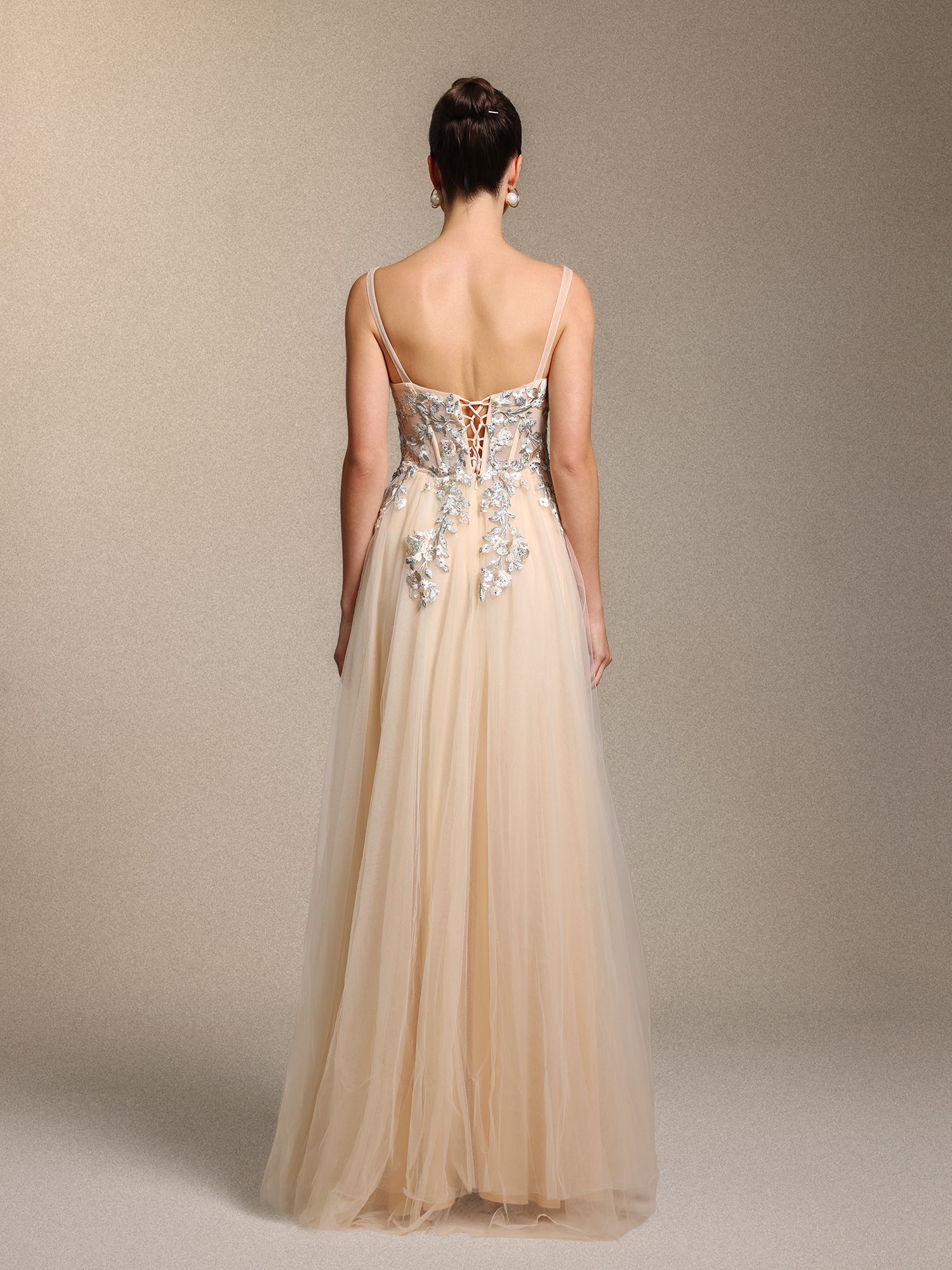 Stretchy Chic Cinched Waist Floral Applique Beige Tulle Maxi Dress