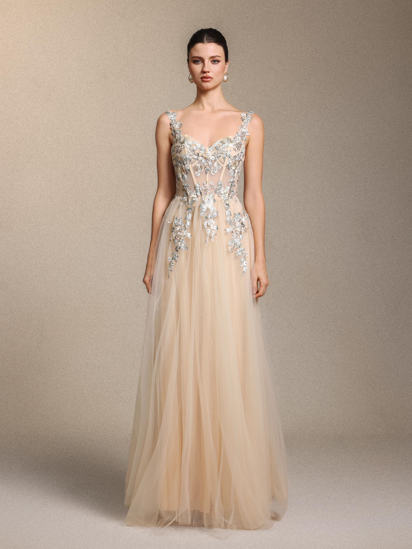 Stretchy Chic Cinched Waist Floral Applique Beige Tulle Maxi Dress