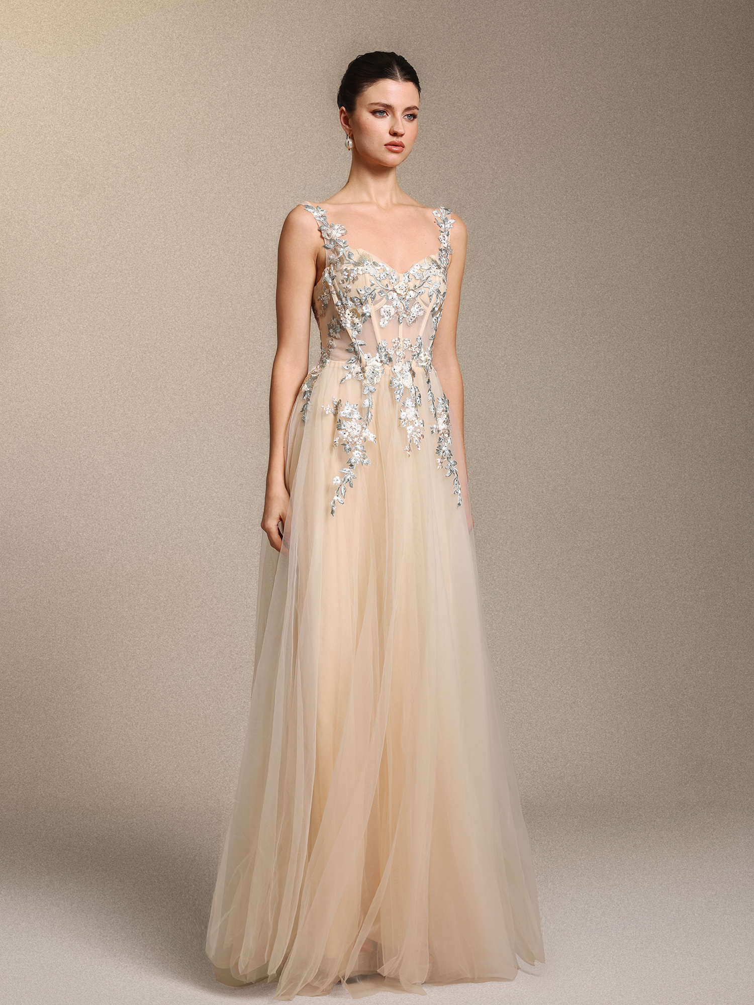 Stretchy Chic Cinched Waist Floral Applique Beige Tulle Maxi Dress