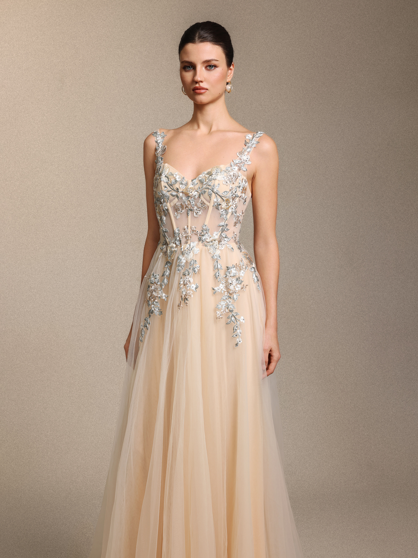 Stretchy Chic Cinched Waist Floral Applique Beige Tulle Maxi Dress