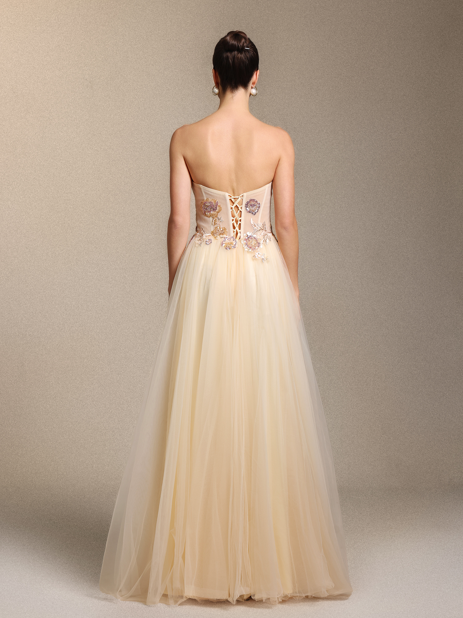 Machi Elegant Strapless Side Slit Floral Applique Apricot Tulle Maxi Dress