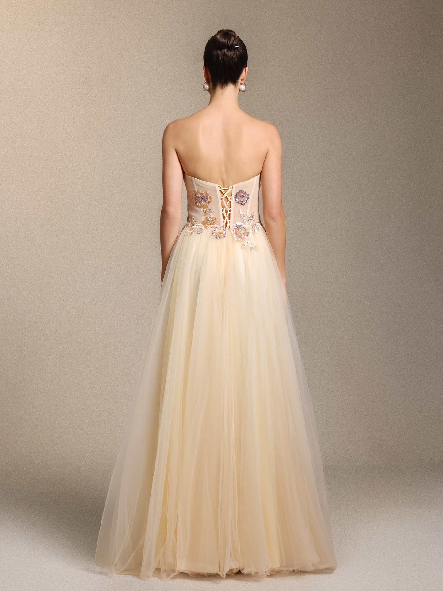 Machi Elegant Strapless Side Slit Floral Applique Apricot Tulle Maxi Dress