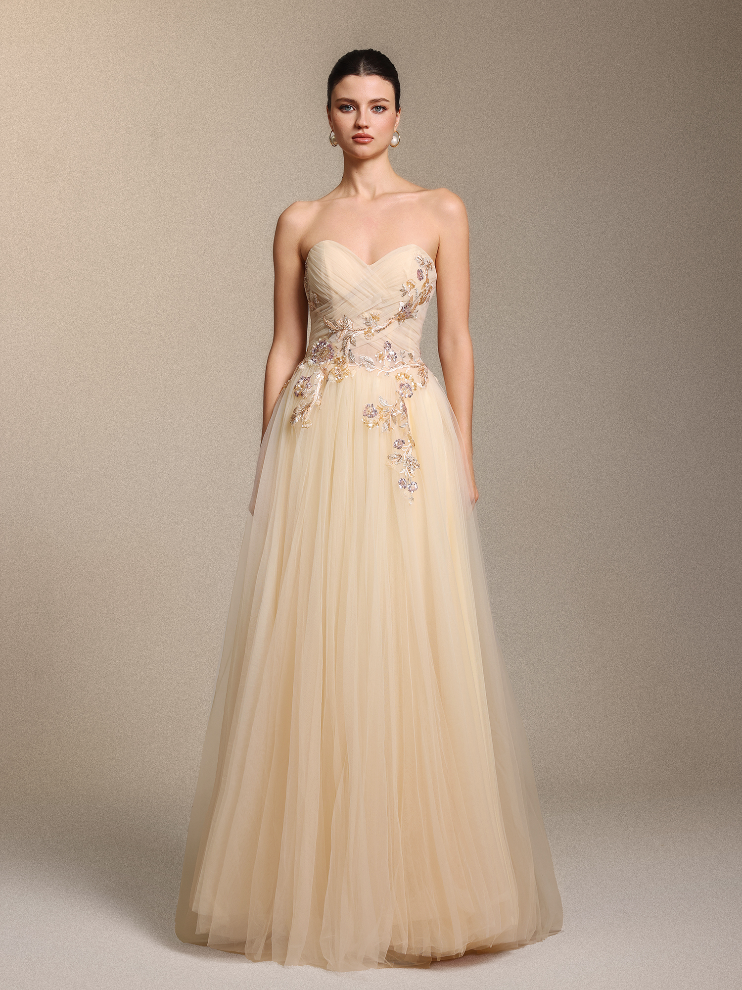 Machi Elegant Strapless Side Slit Floral Applique Apricot Tulle Maxi Dress