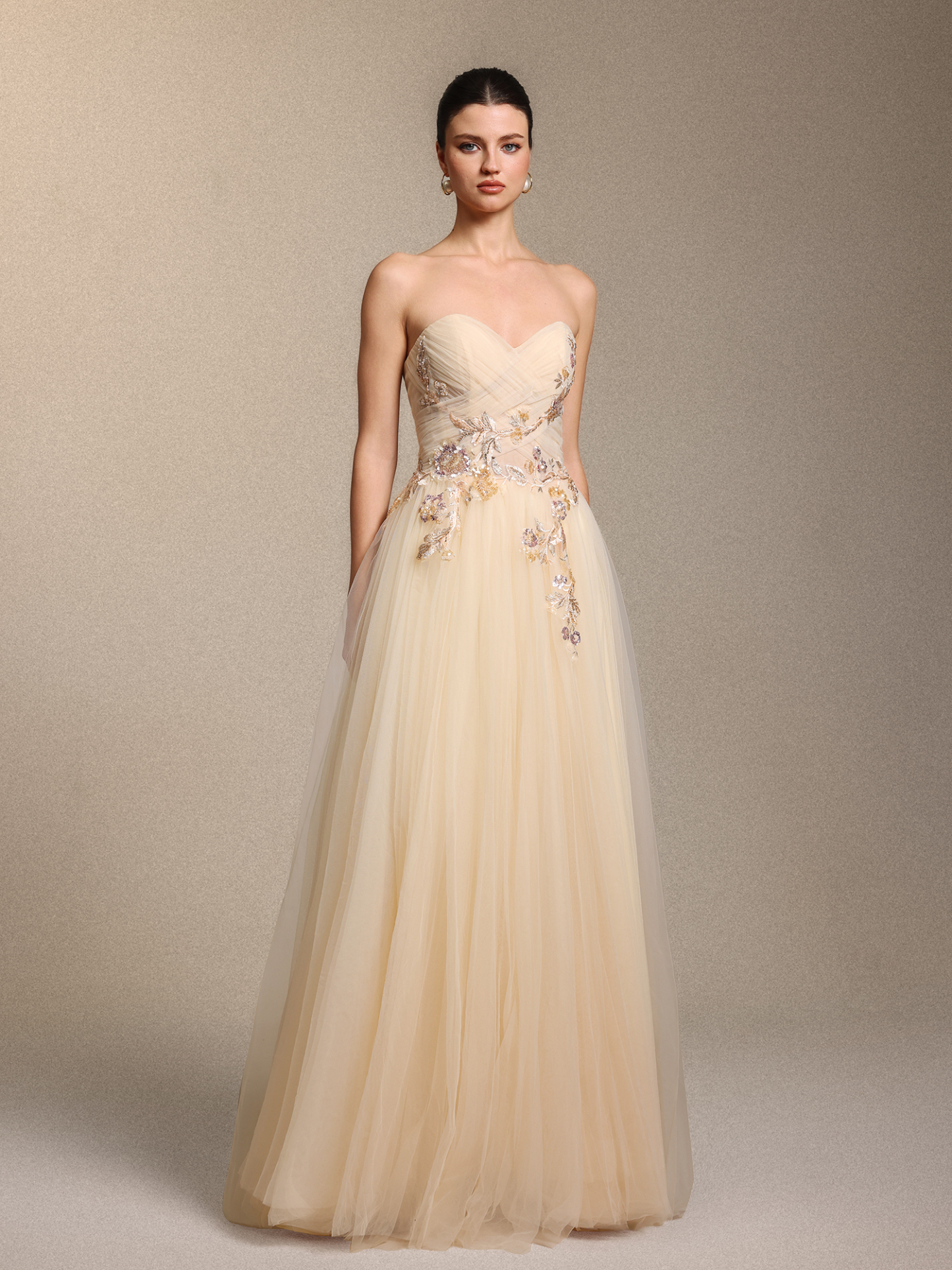 Machi Elegant Strapless Side Slit Floral Applique Apricot Tulle Maxi Dress