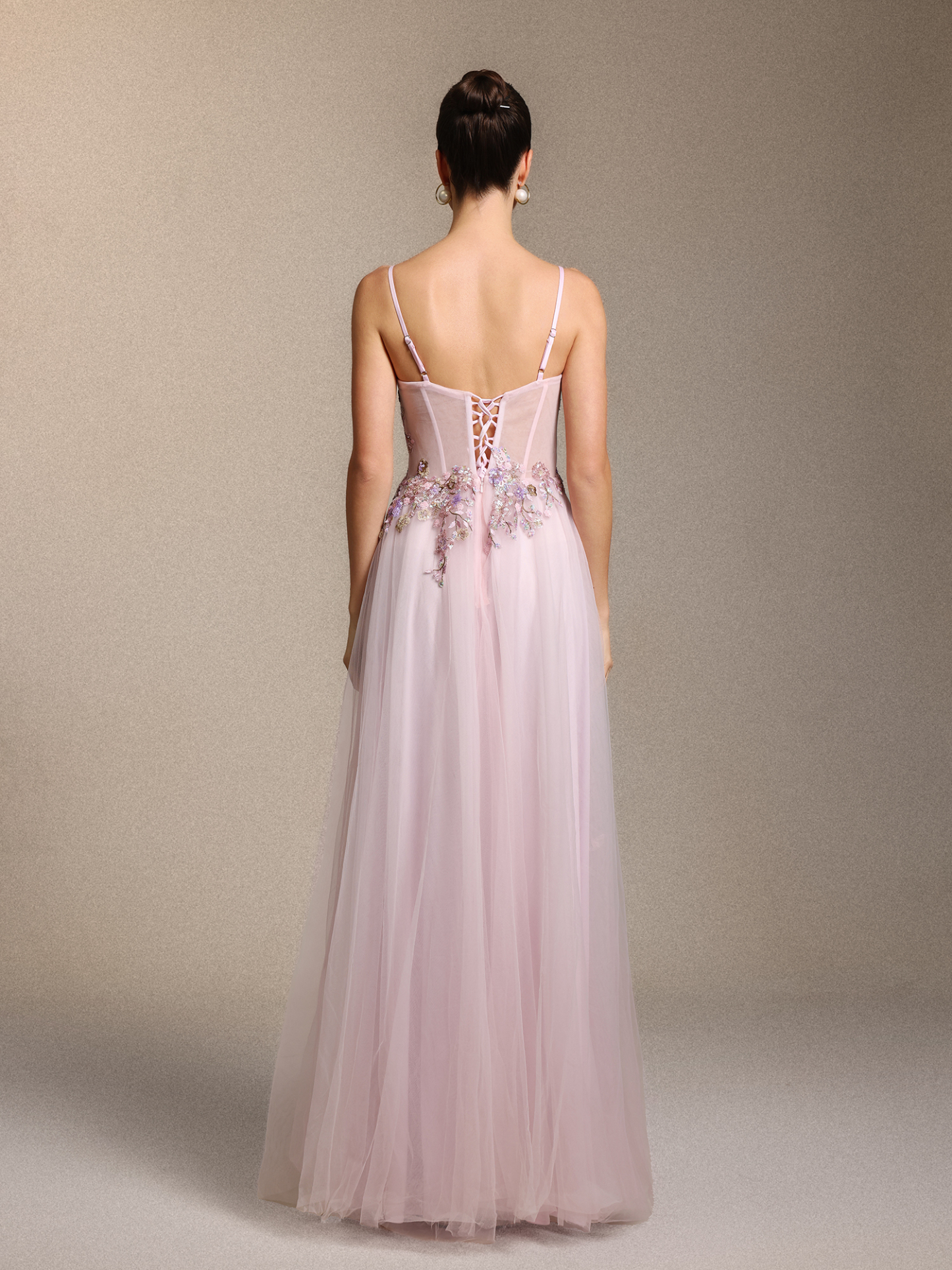 Leanna Elegant Cinched Waist Floral Applique Pink Tulle Maxi Dress