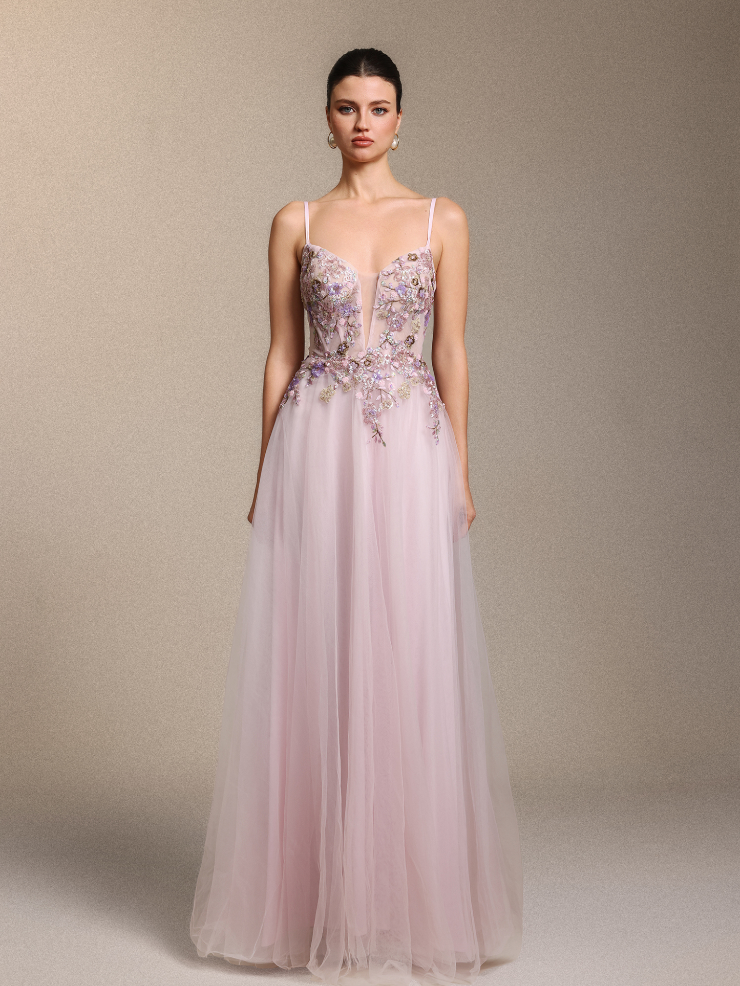 Leanna Elegant Cinched Waist Floral Applique Pink Tulle Maxi Dress