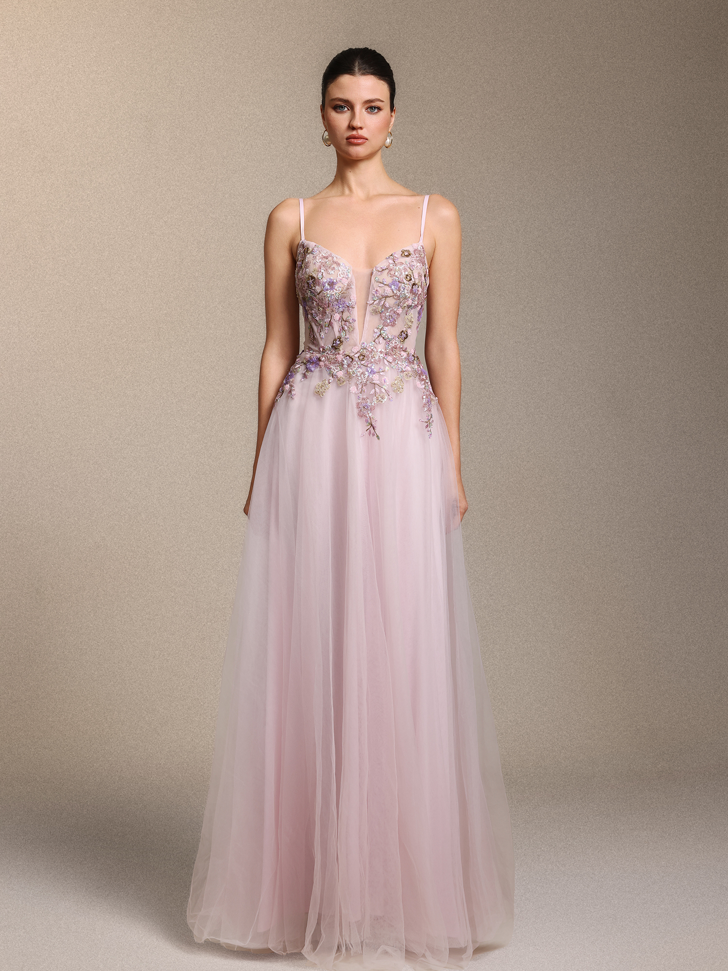 Leanna Elegant Cinched Waist Floral Applique Pink Tulle Maxi Dress