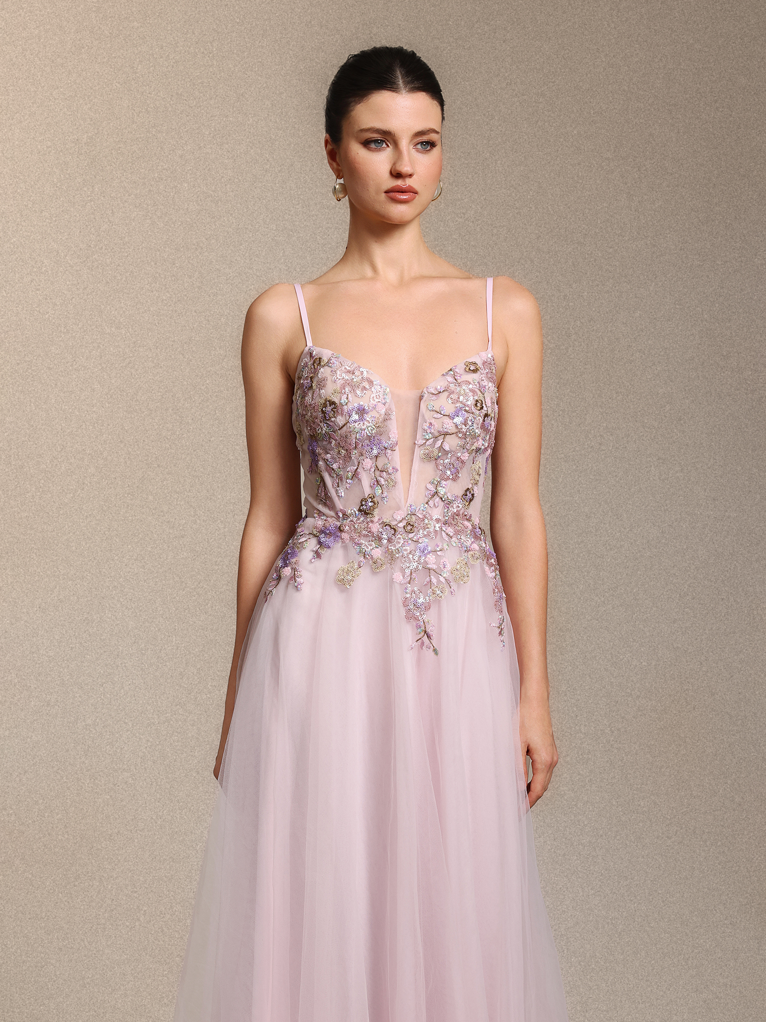 Leanna Elegant Cinched Waist Floral Applique Pink Tulle Maxi Dress