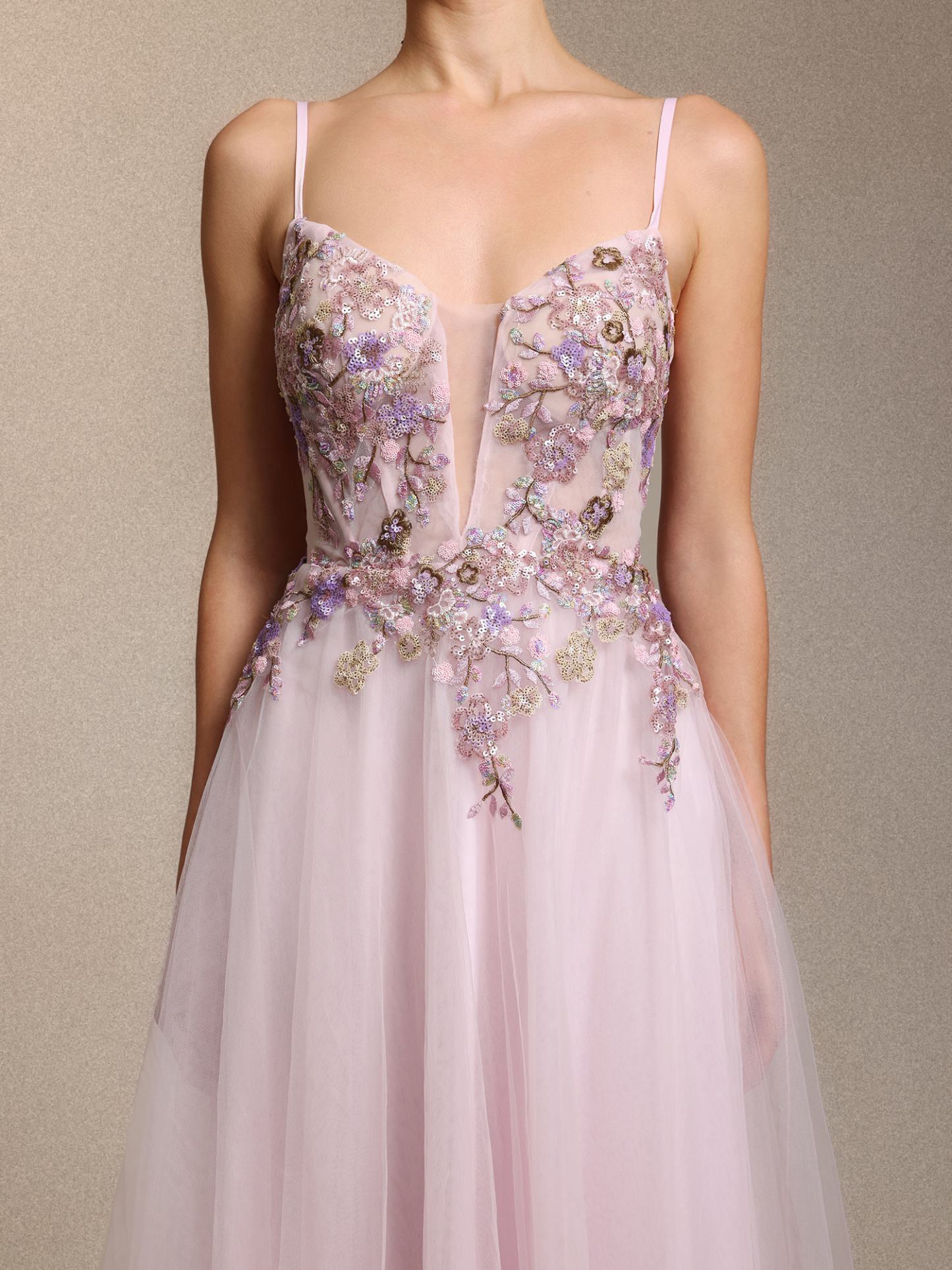 Leanna Elegant Cinched Waist Floral Applique Pink Tulle Maxi Dress