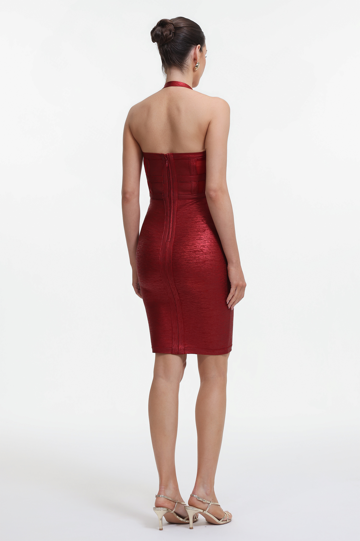 Halter Metallic Bandage Dress - Dark Red
