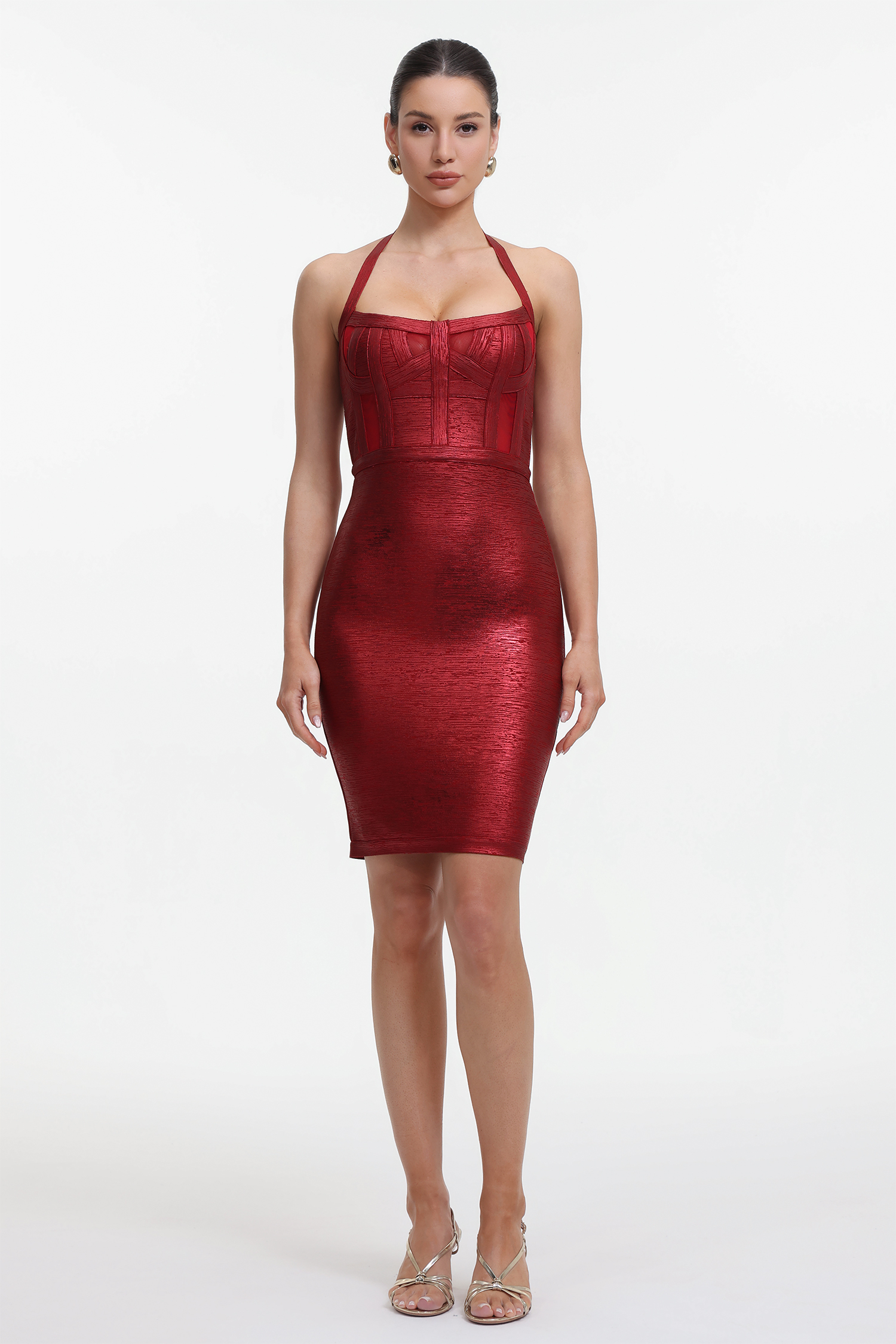 Halter Metallic Bandage Dress - Dark Red