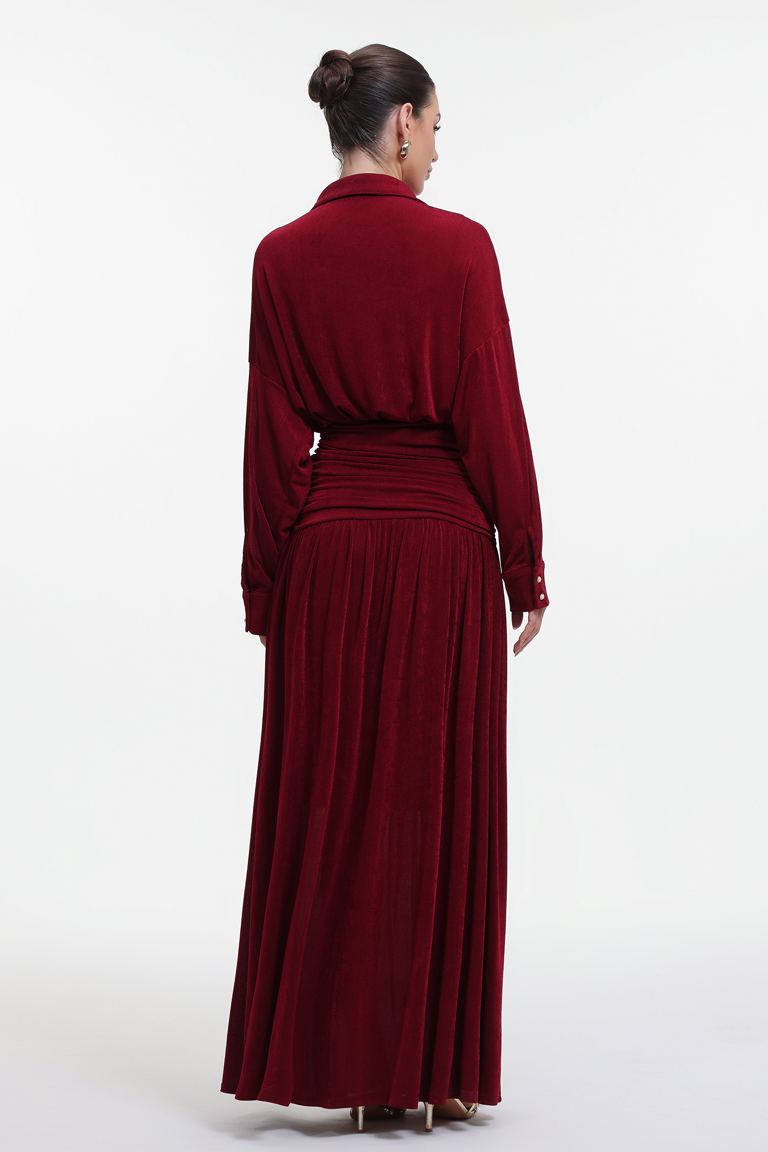 Holisa Elegant Contour Long Sleeve Ruched Waist Knit Red Maxi Dress