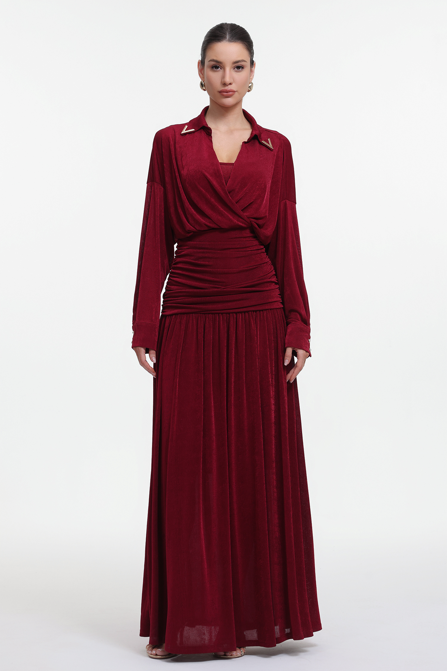 Holisa Elegant Contour Long Sleeve Ruched Waist Knit Red Maxi Dress