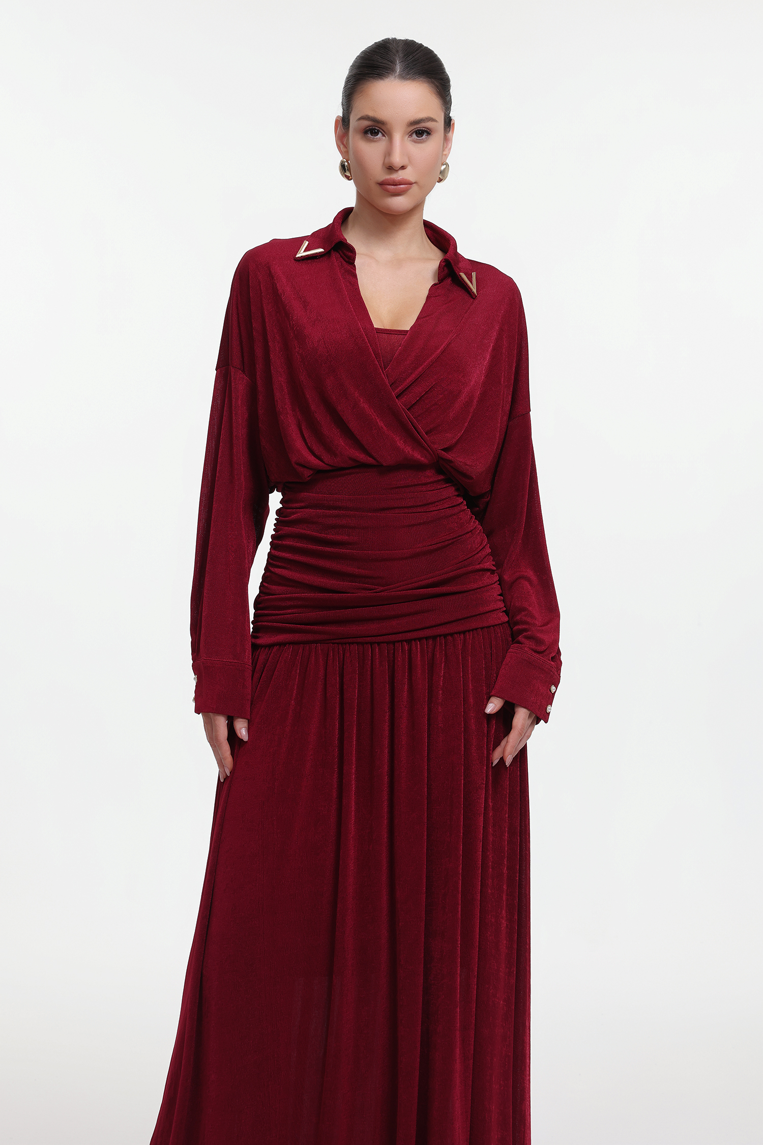 Holisa Elegant Contour Long Sleeve Ruched Waist Knit Red Maxi Dress