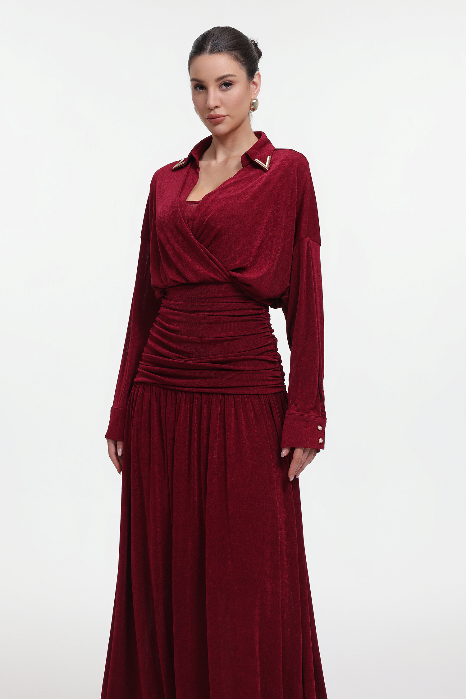 Holisa Elegant Contour Long Sleeve Ruched Waist Knit Red Maxi Dress