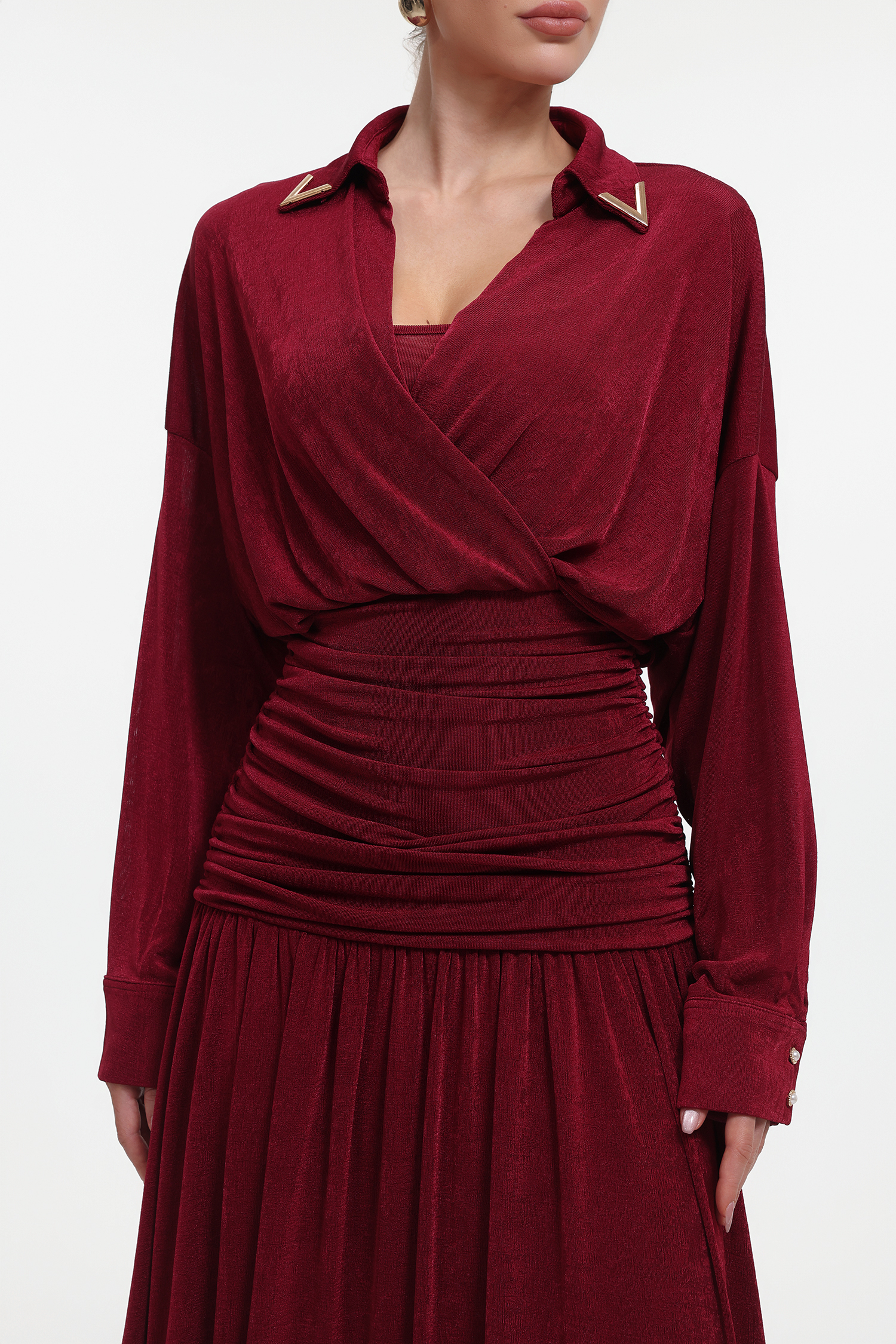 Holisa Elegant Contour Long Sleeve Ruched Waist Knit Red Maxi Dress