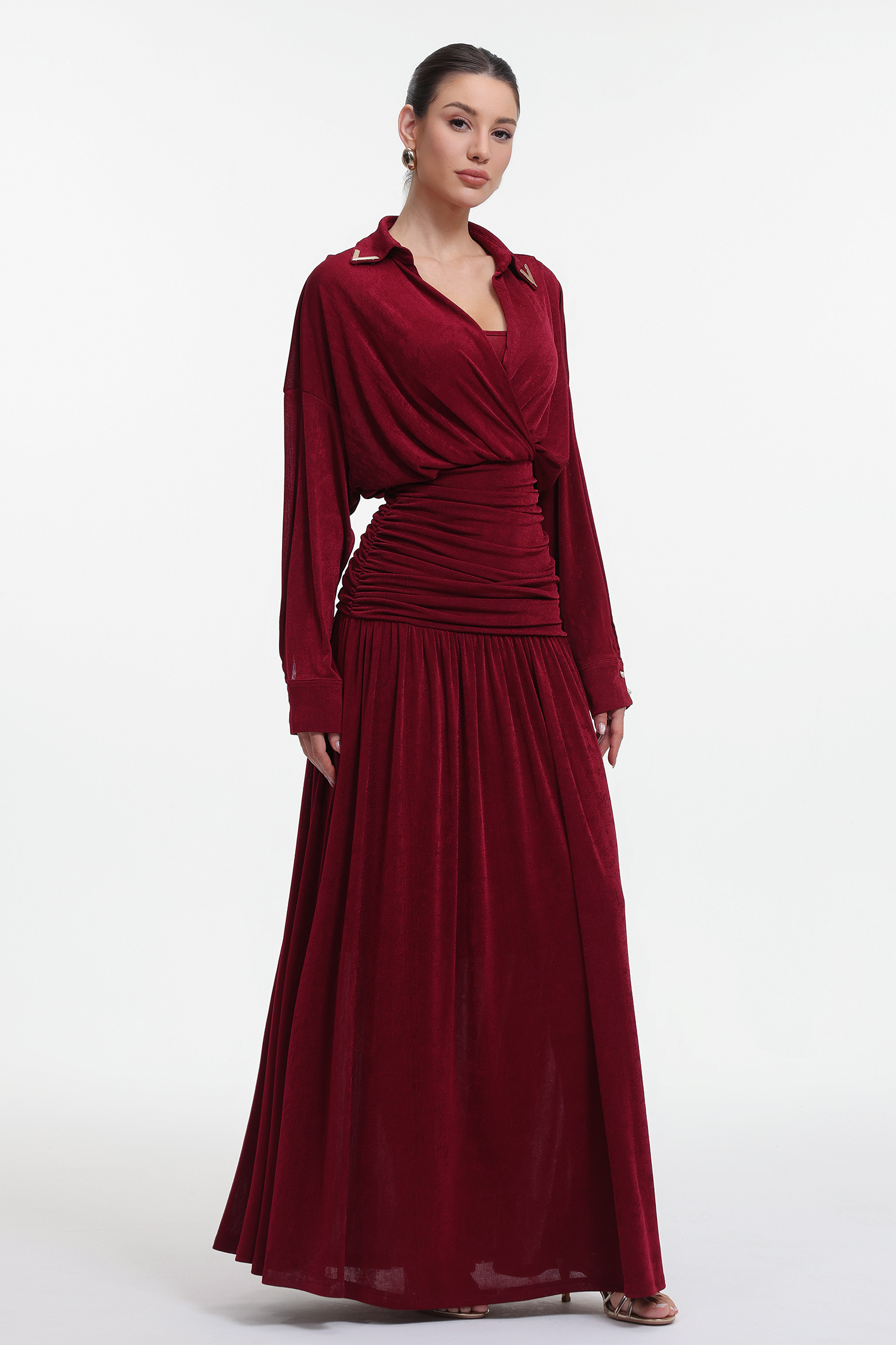 Holisa Elegant Contour Long Sleeve Ruched Waist Knit Red Maxi Dress