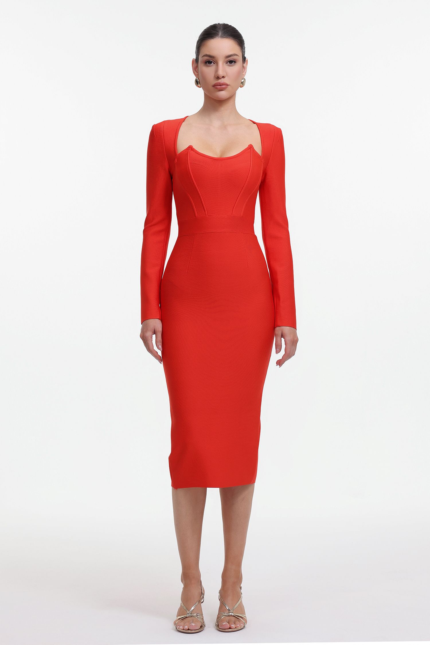 Morgan Classic Contour Long Sleeve Bandage Red Maxi Dress