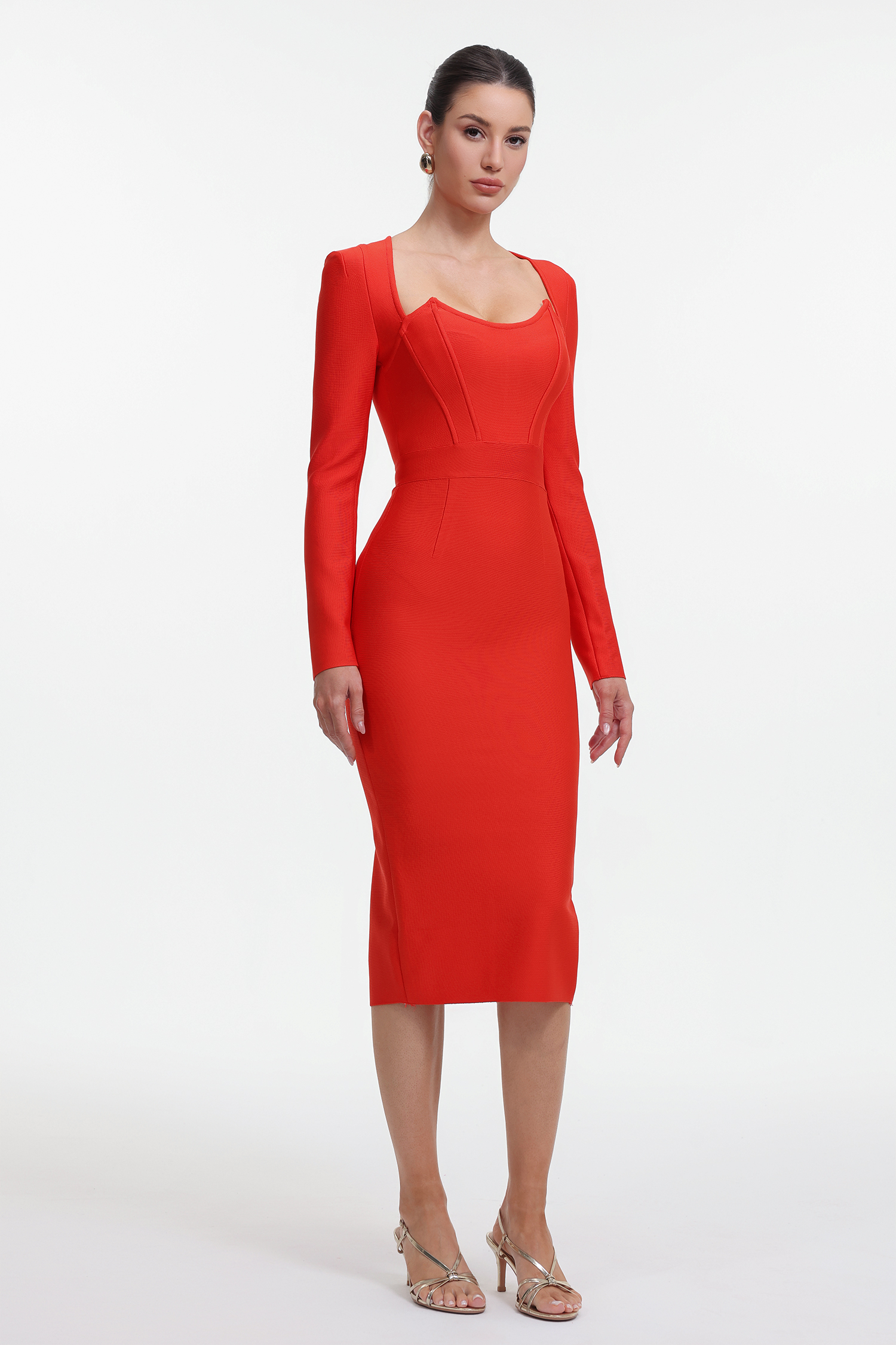 Morgan Classic Contour Long Sleeve Bandage Red Maxi Dress