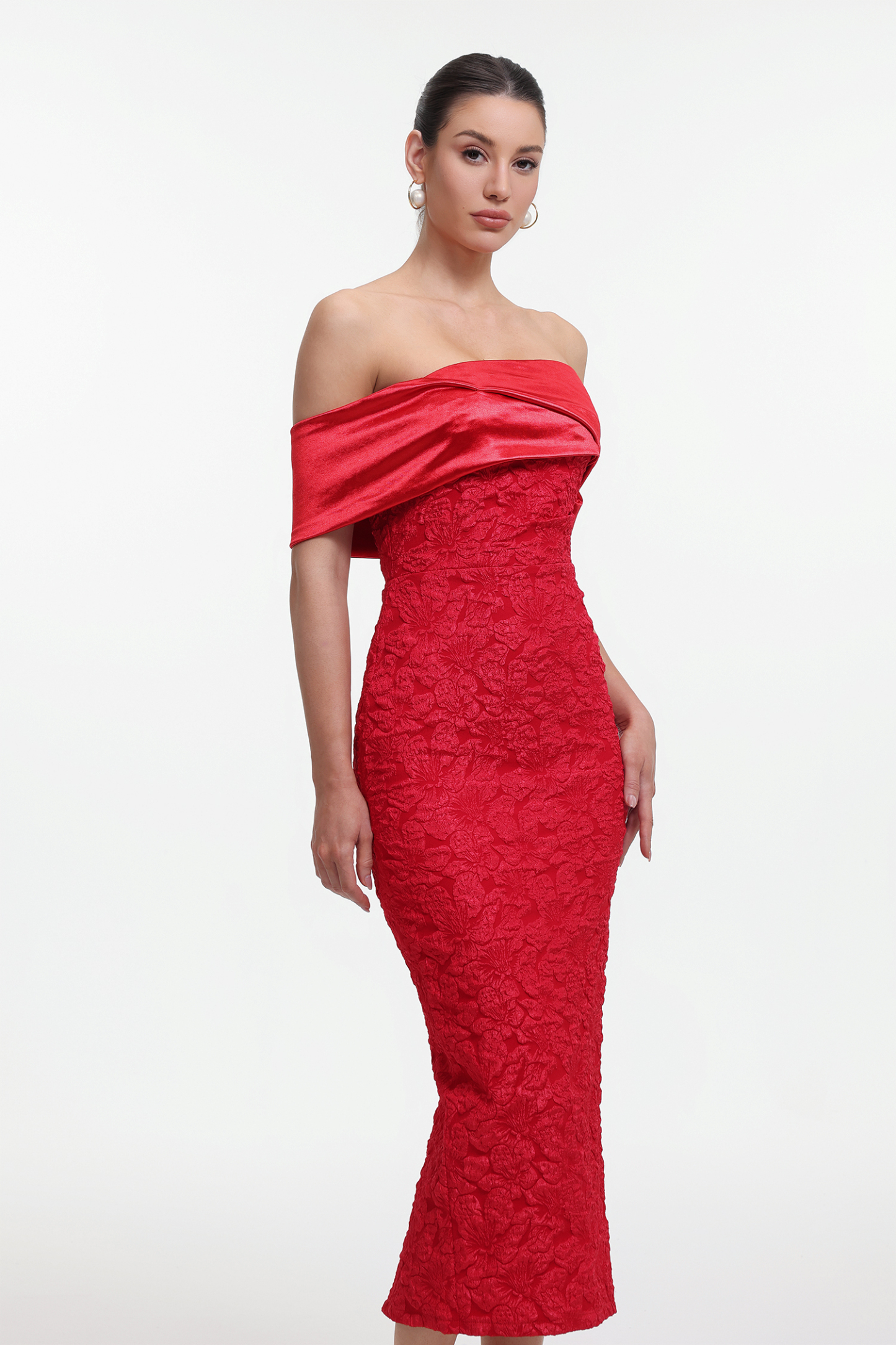 Elegant Contour Off Shoulder Jacquard Floral Maxi Dress