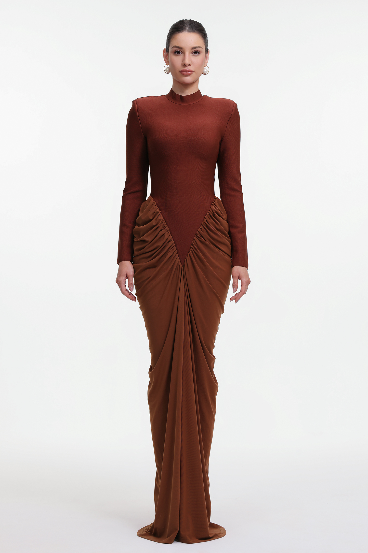 Edith Elegant Contour Long Sleeve Ruched Bandage Maxi Dress