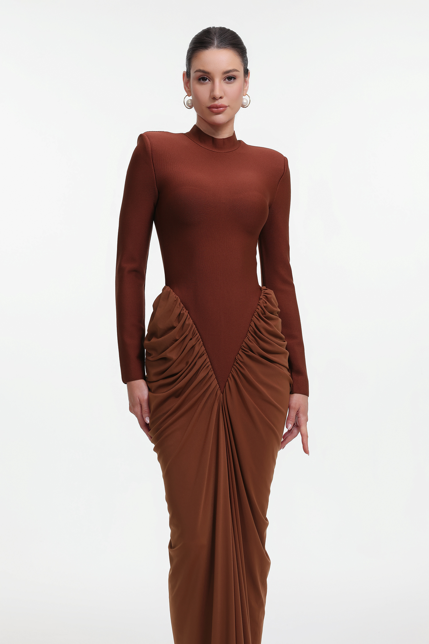 Edith Elegant Contour Long Sleeve Ruched Bandage Maxi Dress