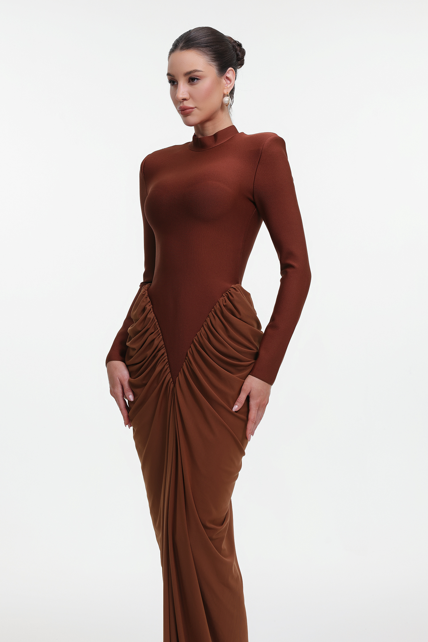 Edith Elegant Contour Long Sleeve Ruched Bandage Maxi Dress