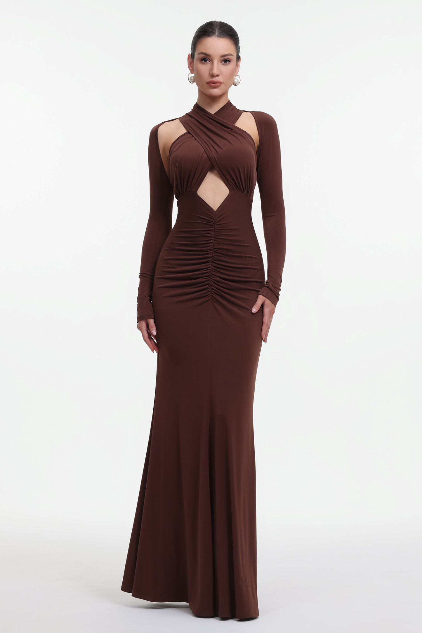 Haylee Chic Contour Long Sleeve Cut Out Ruched Maxi Dress