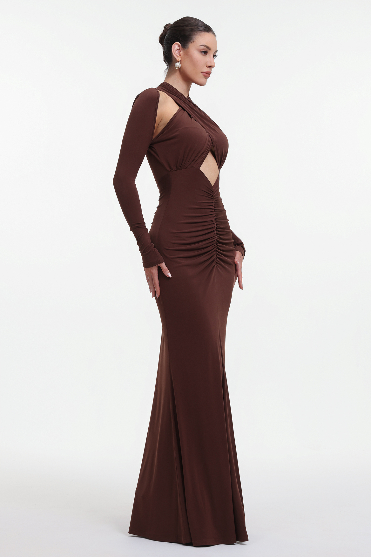 Haylee Chic Contour Long Sleeve Cut Out Ruched Maxi Dress