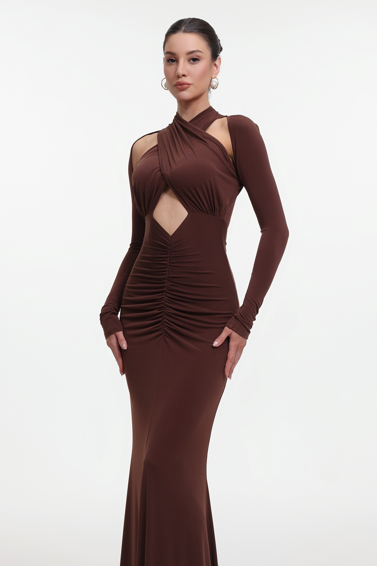 Haylee Chic Contour Long Sleeve Cut Out Ruched Maxi Dress