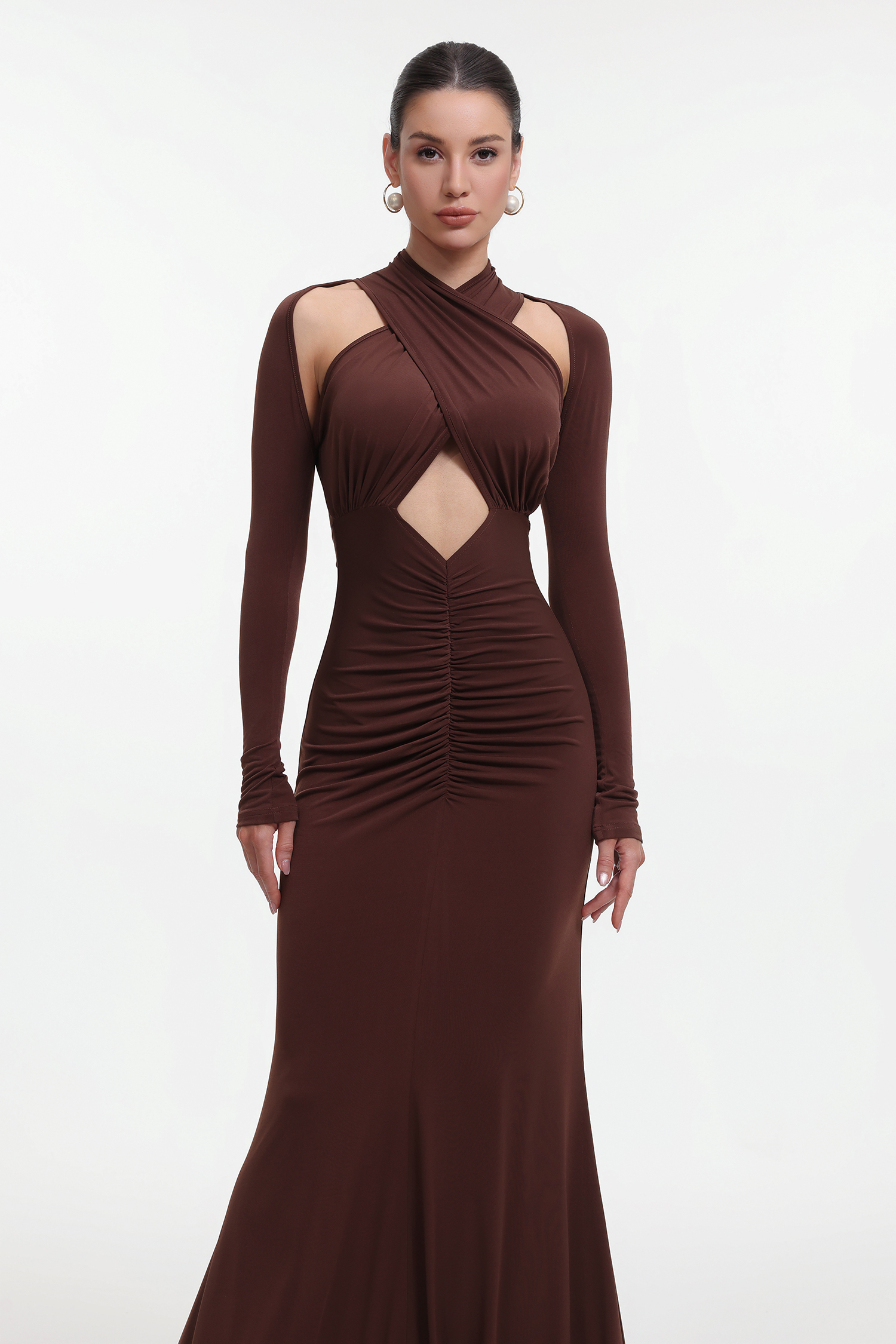 Haylee Chic Contour Long Sleeve Cut Out Ruched Maxi Dress