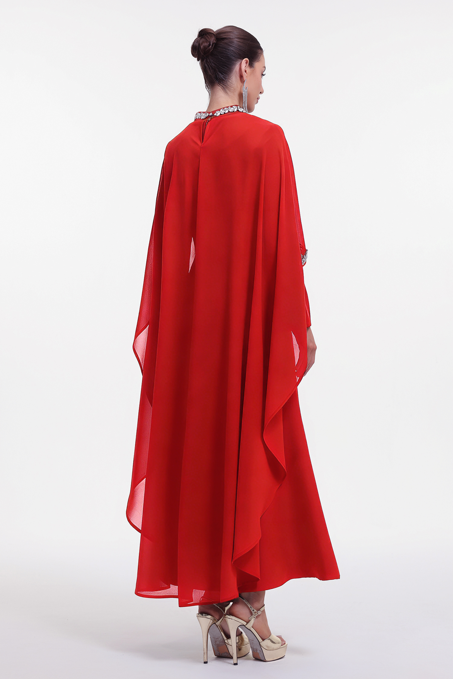 Nadine Elegant Tailored Long Sleeve Rhinestone Mesh Cape Red Maxi Dress