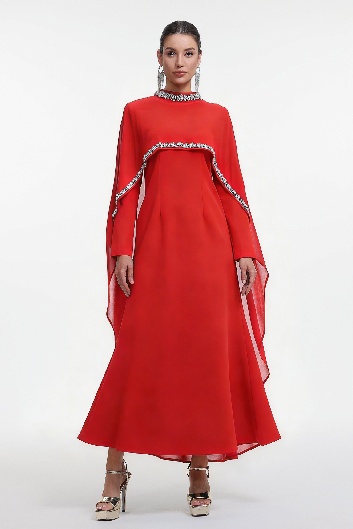 Nadine Elegant Tailored Long Sleeve Rhinestone Mesh Cape Red Maxi Dress