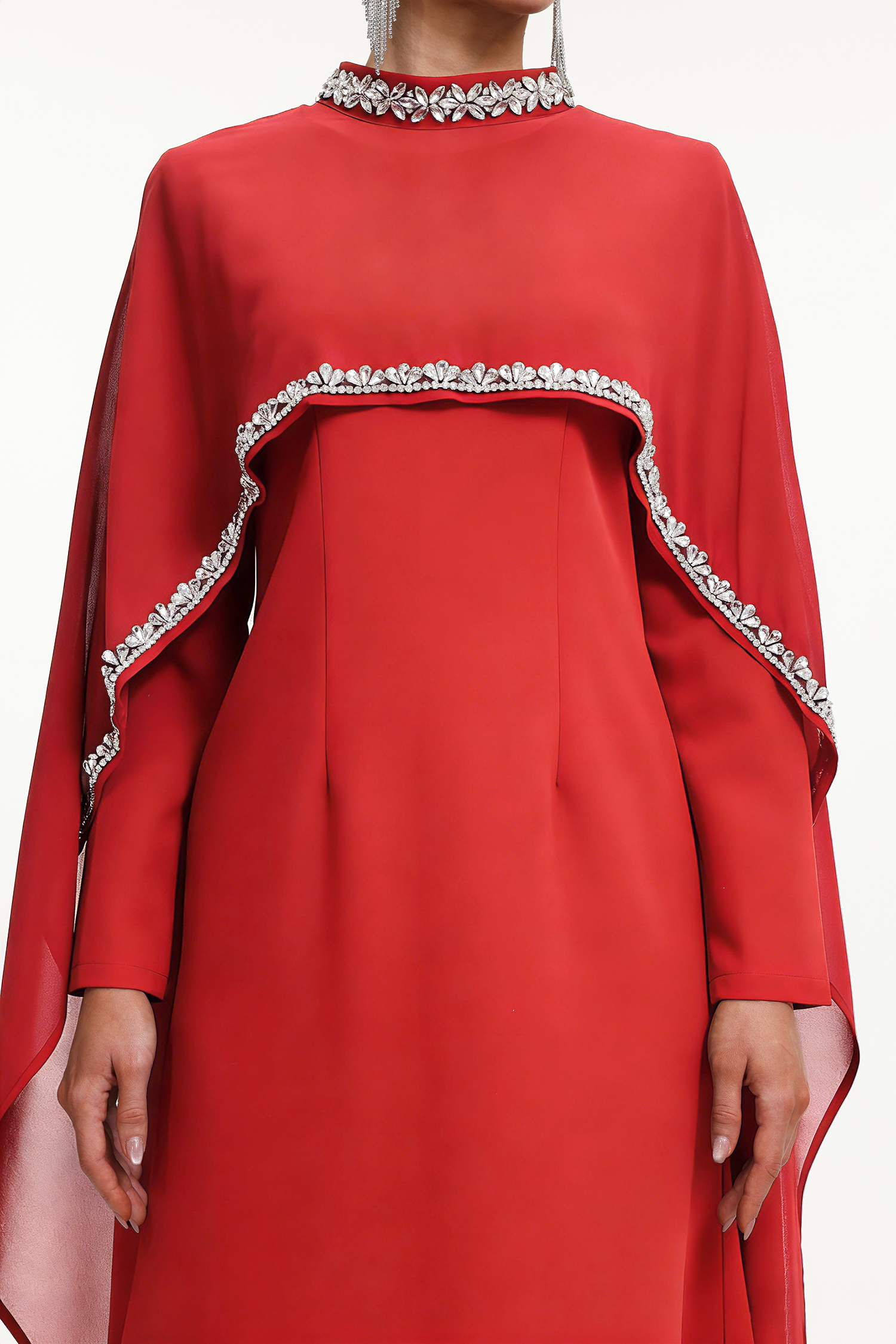 Nadine Elegant Tailored Long Sleeve Rhinestone Mesh Cape Red Maxi Dress
