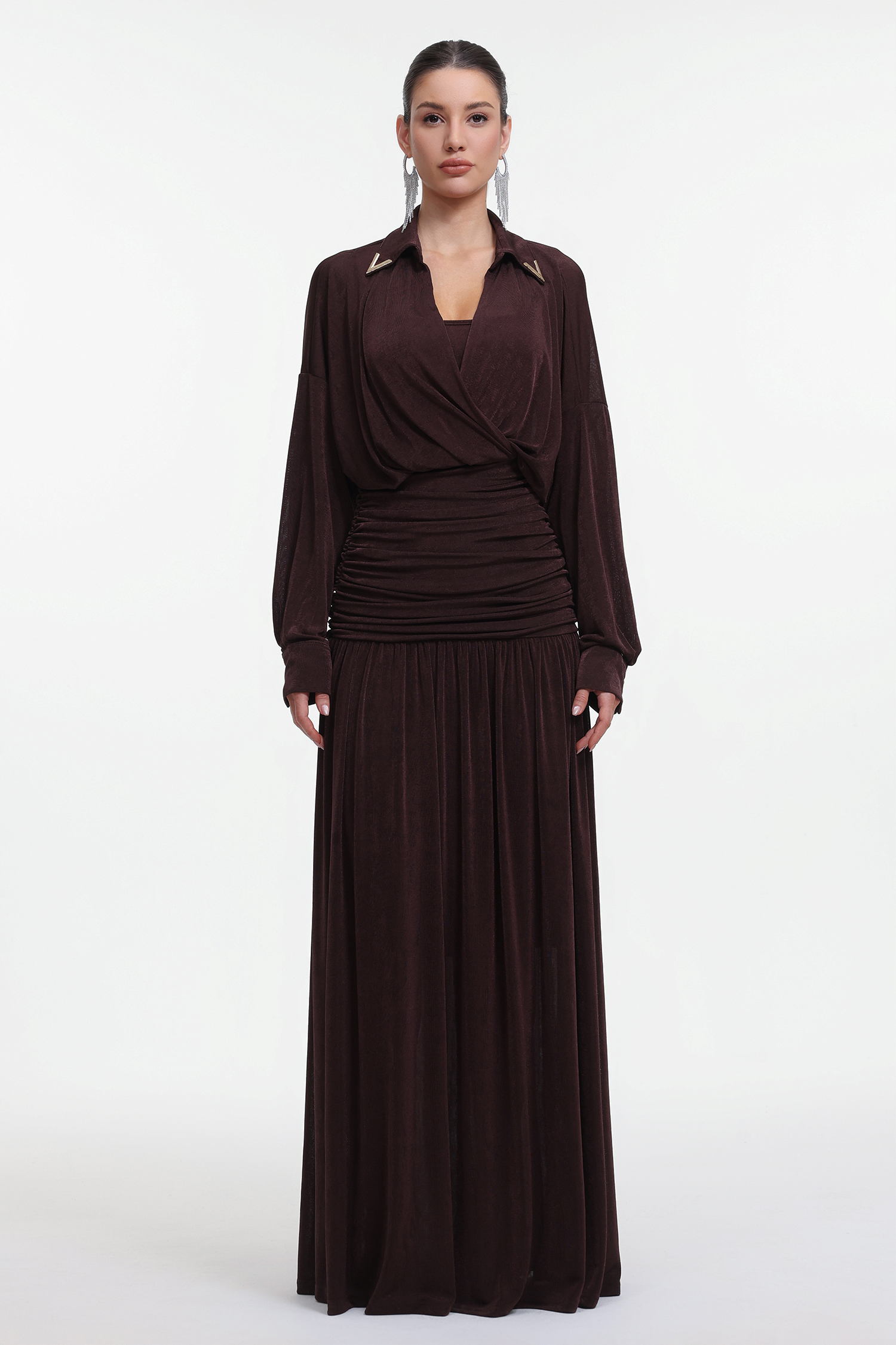 Holisa Elegant Contour Long Sleeve Ruched Waist Knit Brown Maxi Dress