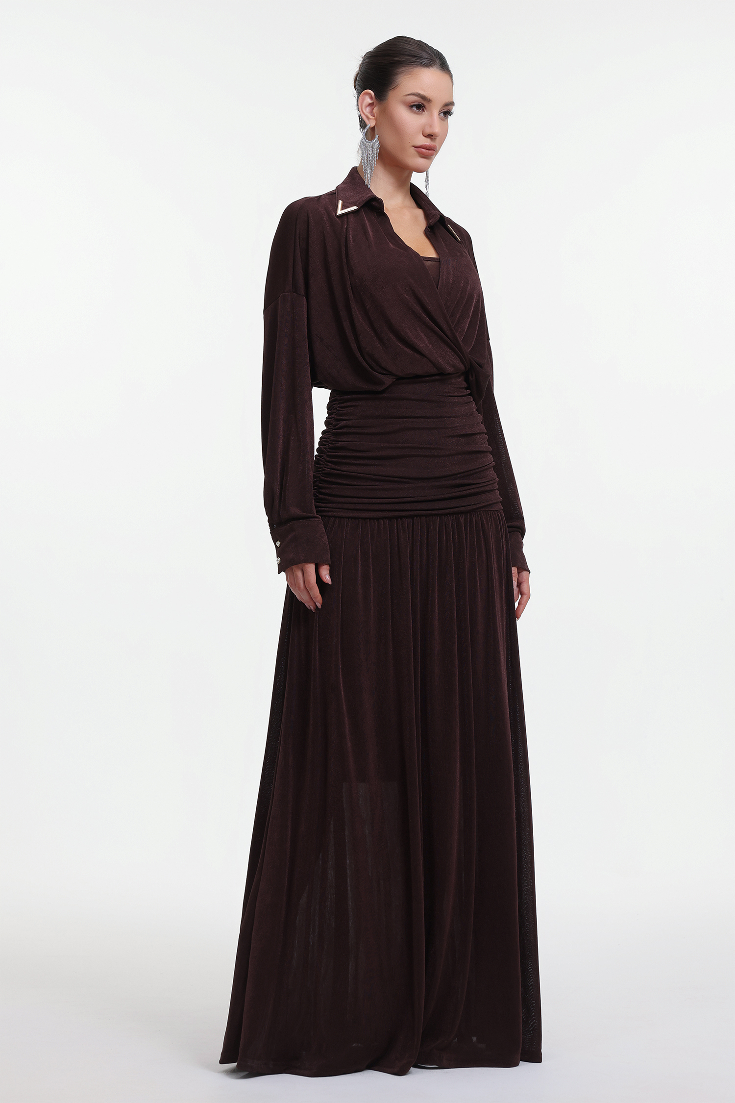 Holisa Elegant Contour Long Sleeve Ruched Waist Knit Brown Maxi Dress