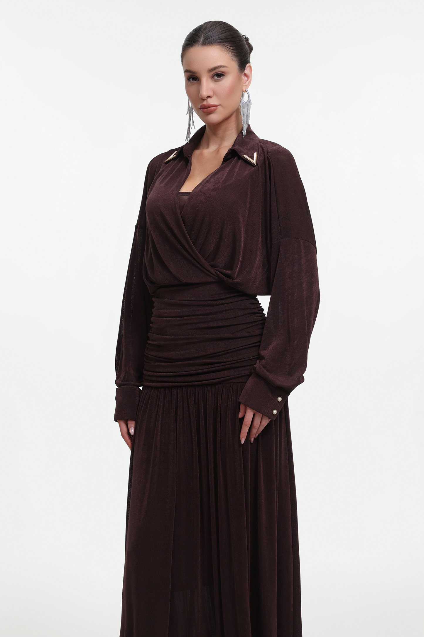 Holisa Elegant Contour Long Sleeve Ruched Waist Knit Brown Maxi Dress