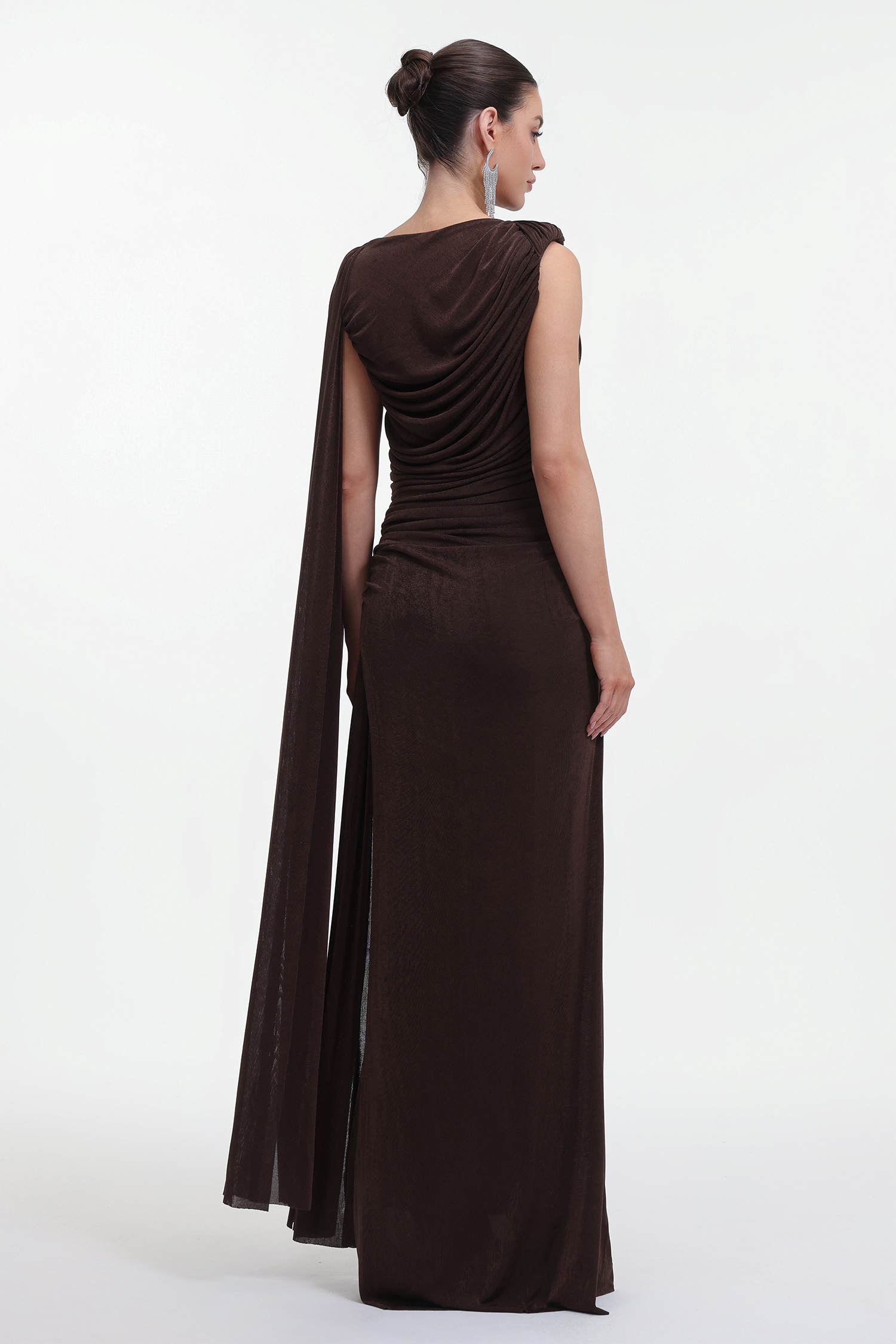 Yahir Elegant Contour Sleeveless Ruched Knit Brown Maxi Dress